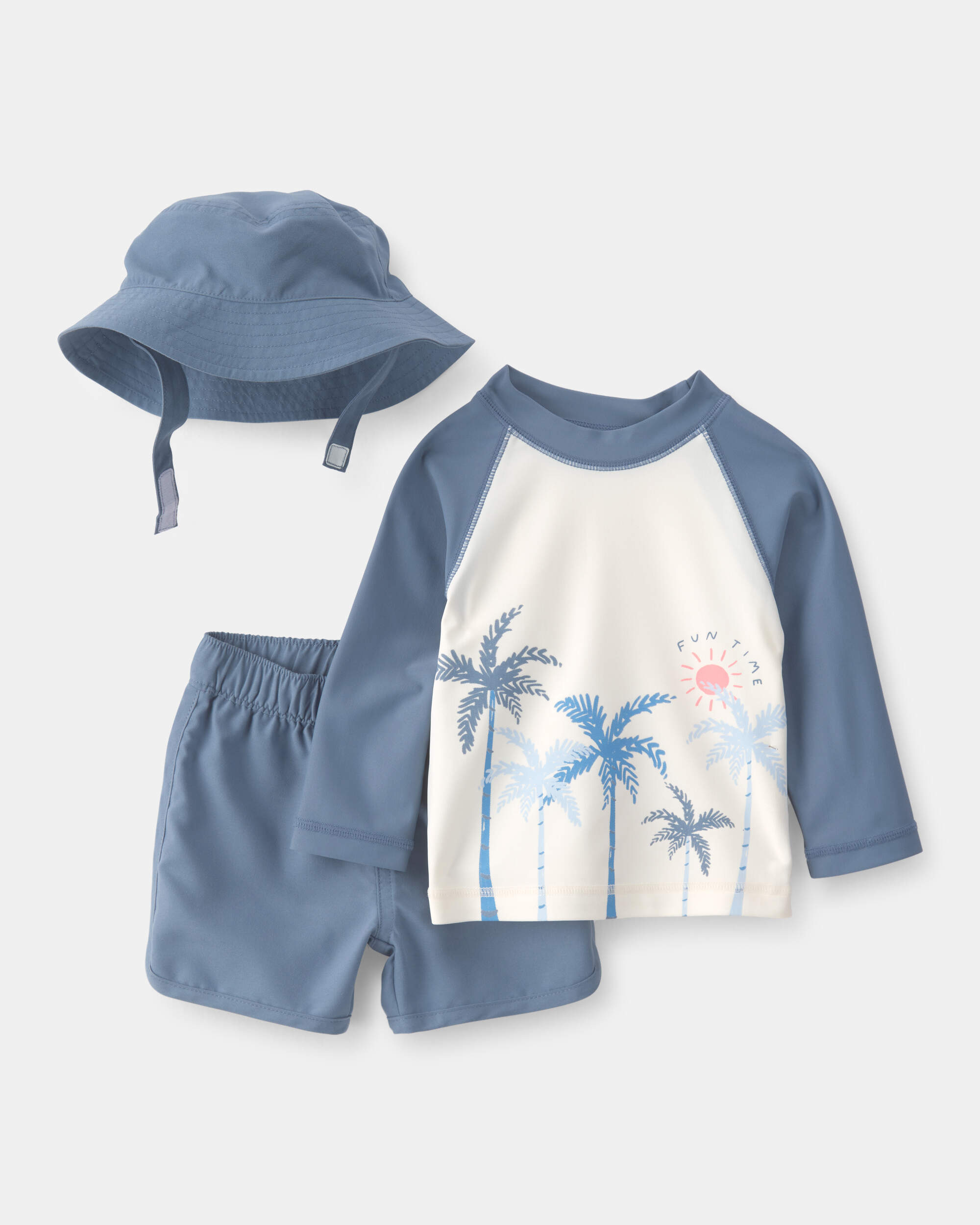 Baby Boy 3-Piece Palm Tree Solid Long-Sleeve Rashguard Swimsuit Set - Blue/White