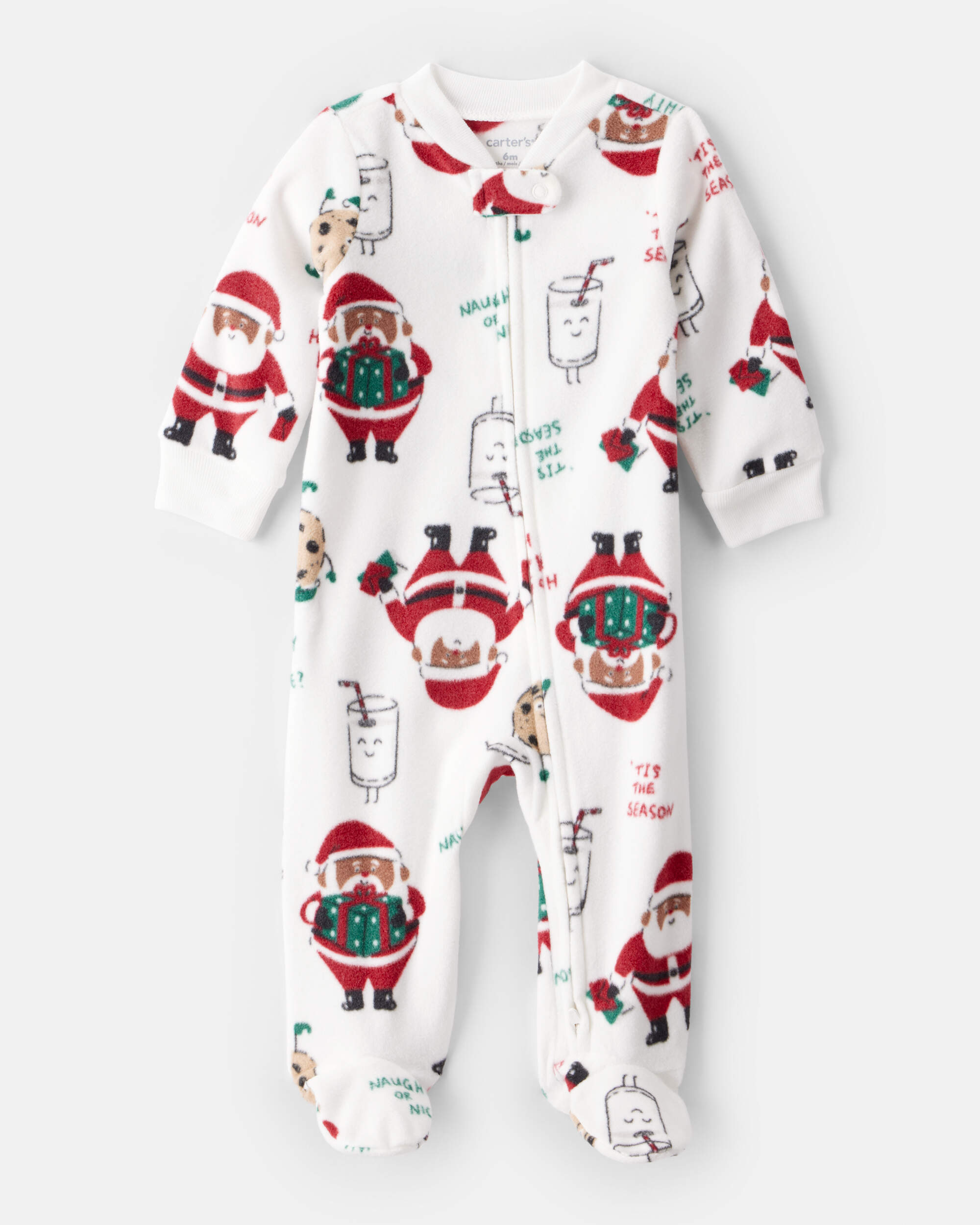 Baby Santa Print Loose Fit Fleece Long-Sleeve Sleeper - White