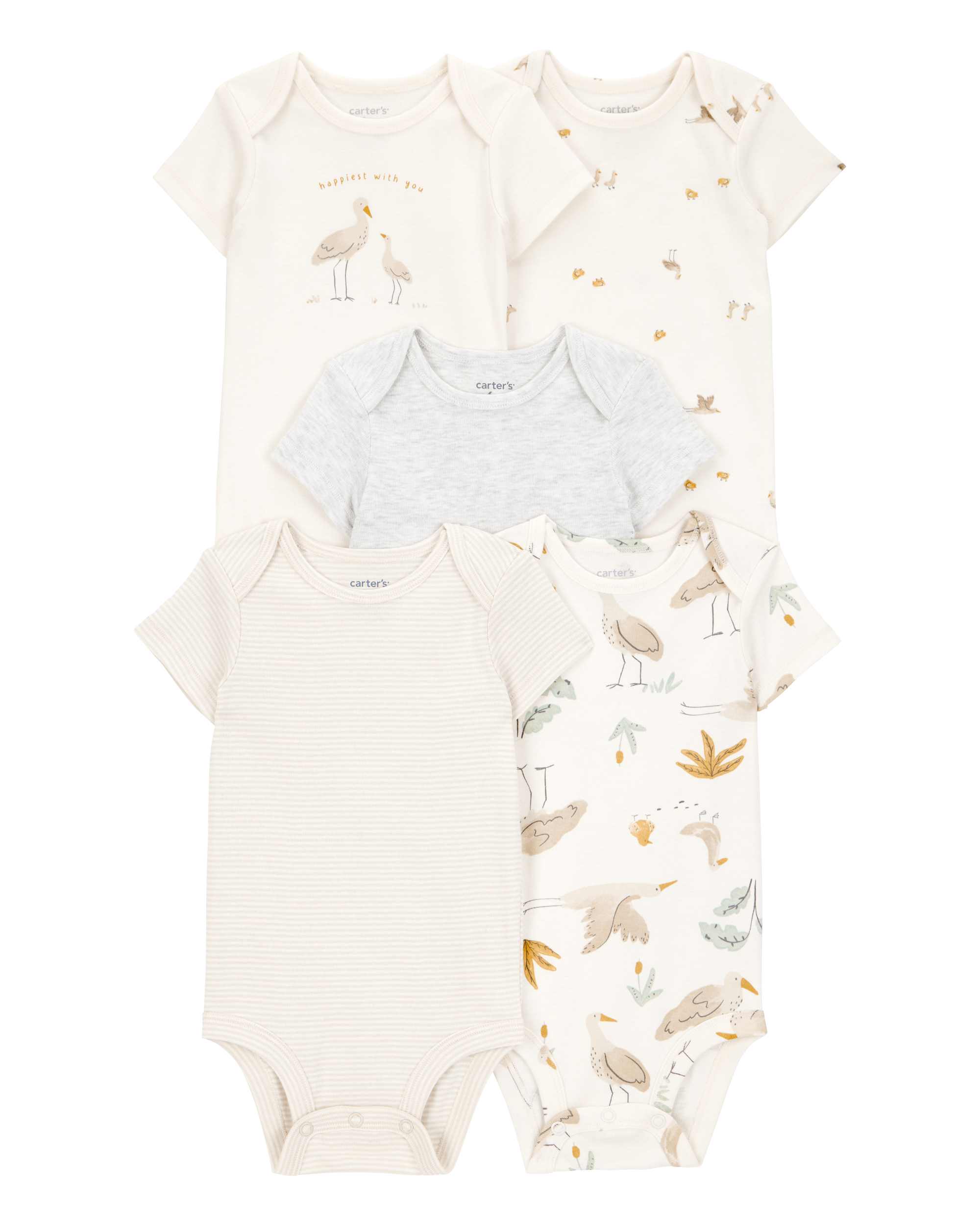 Baby 5-Pack Striped Birds Short-Sleeve Cotton Bodysuits