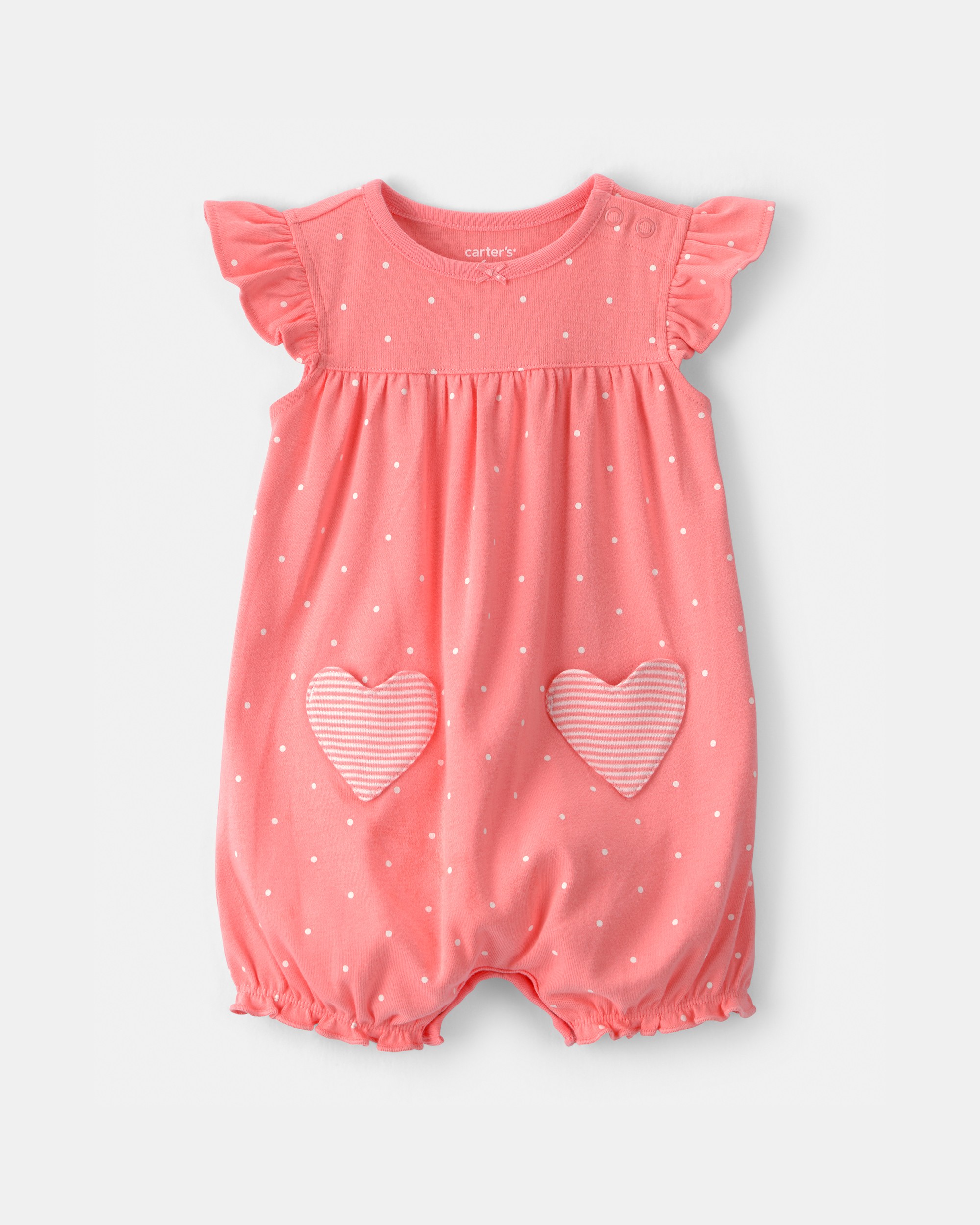 Baby Girl Heart Pocket Short-Sleeve Romper - Coral