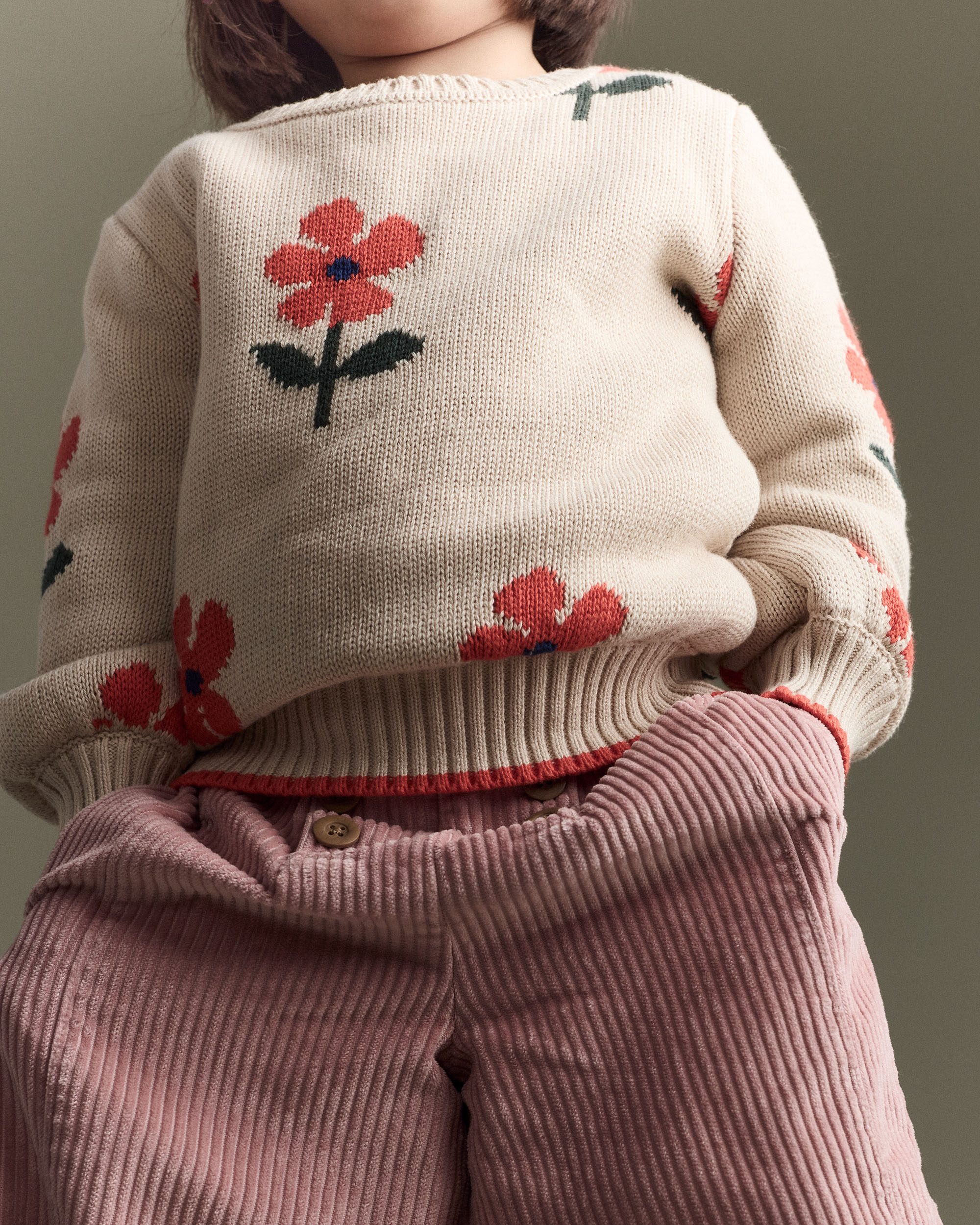 Toddler Girl Floral Pullover Sweater - Khaki