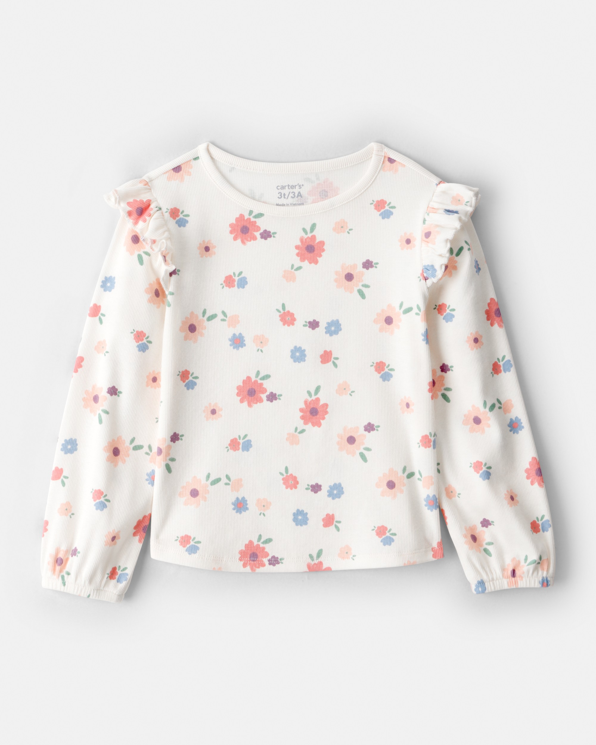 Toddler Girl Floral Cotton Ruffle Long-Sleeve Top - White