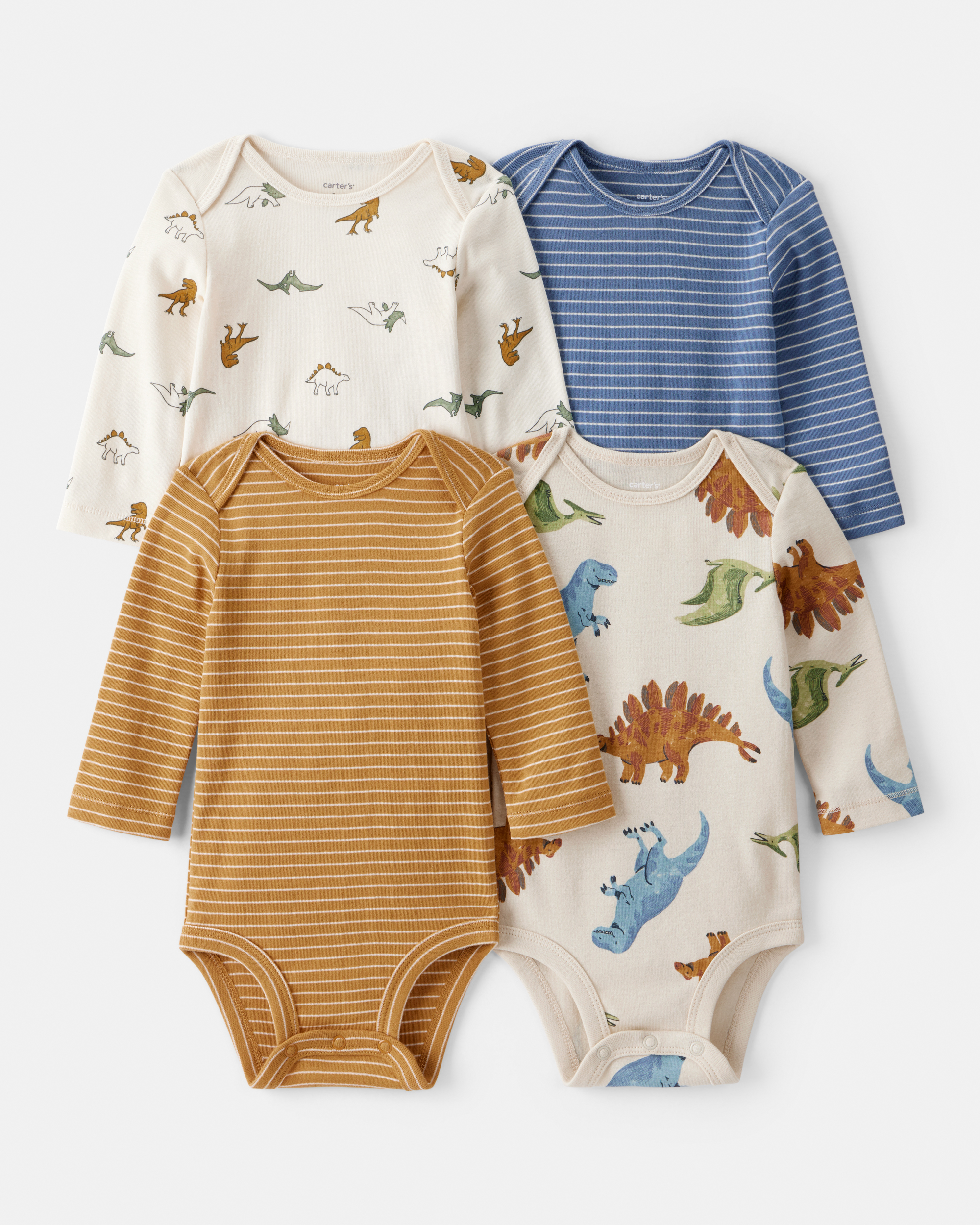 Baby Boy 4-Pack Dinosaur Print Cotton Long-Sleeve Multipack Bodysuits - White