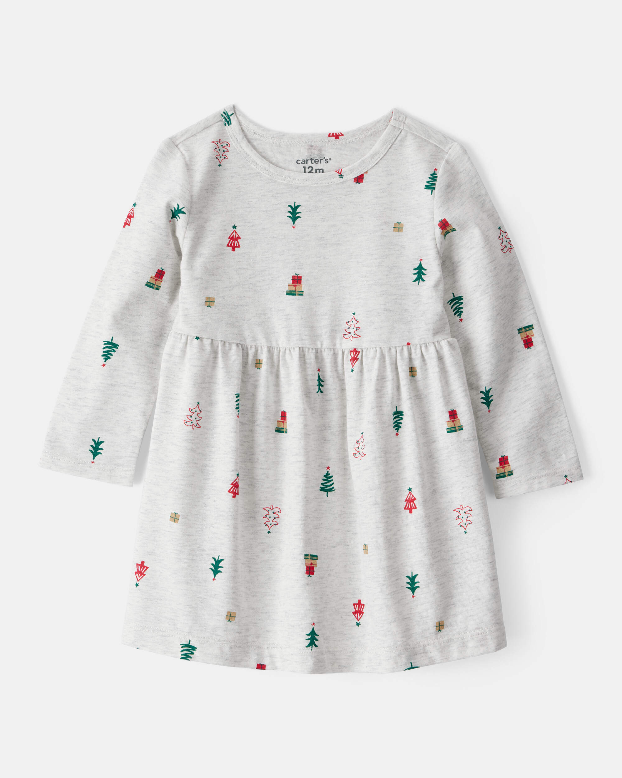 Baby Girl Christmas Tree Print Long-Sleeve Dress