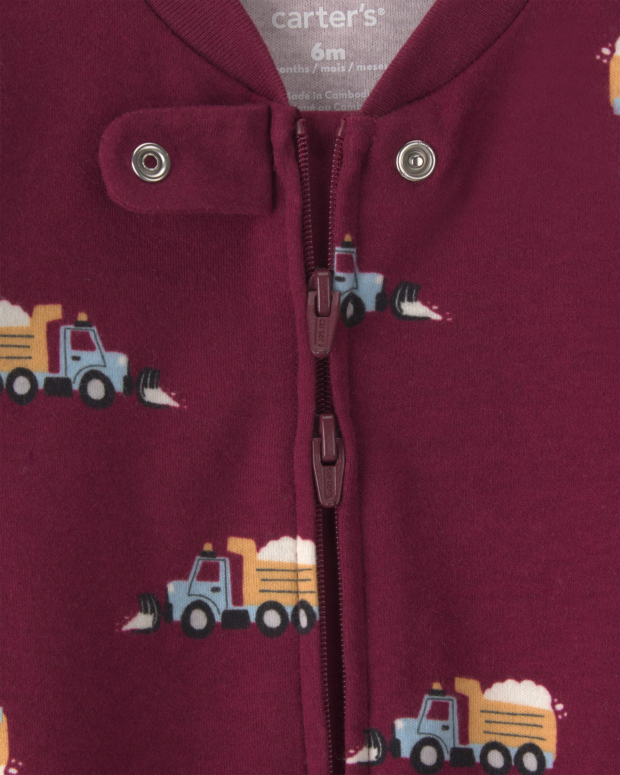 Baby Boy Construction Truck 100% Cotton 2-Way Zip Sleeper - Burgundy