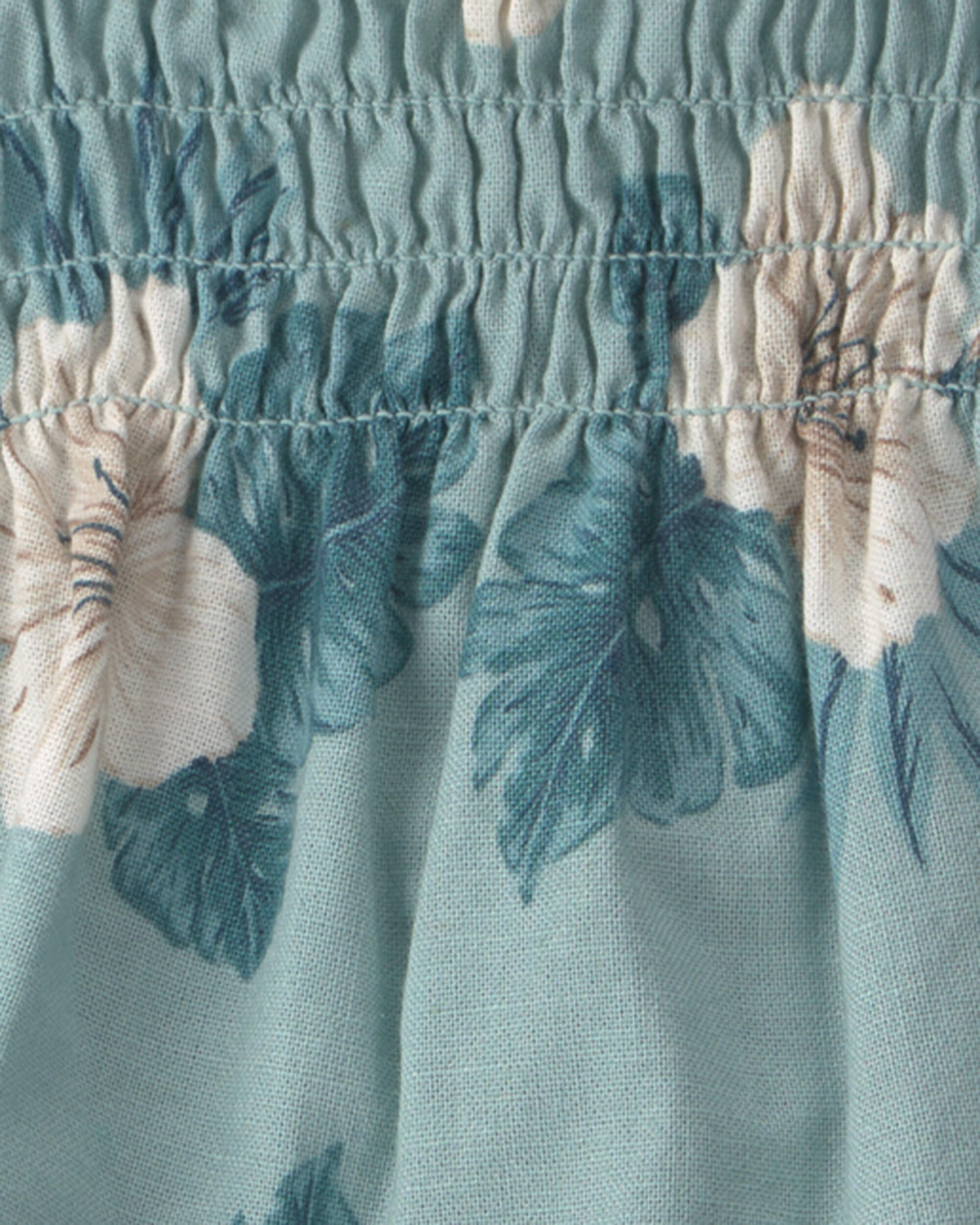 Baby Girl Smocked Linen Dress Made with Organic Cotton Blue Hibiscus