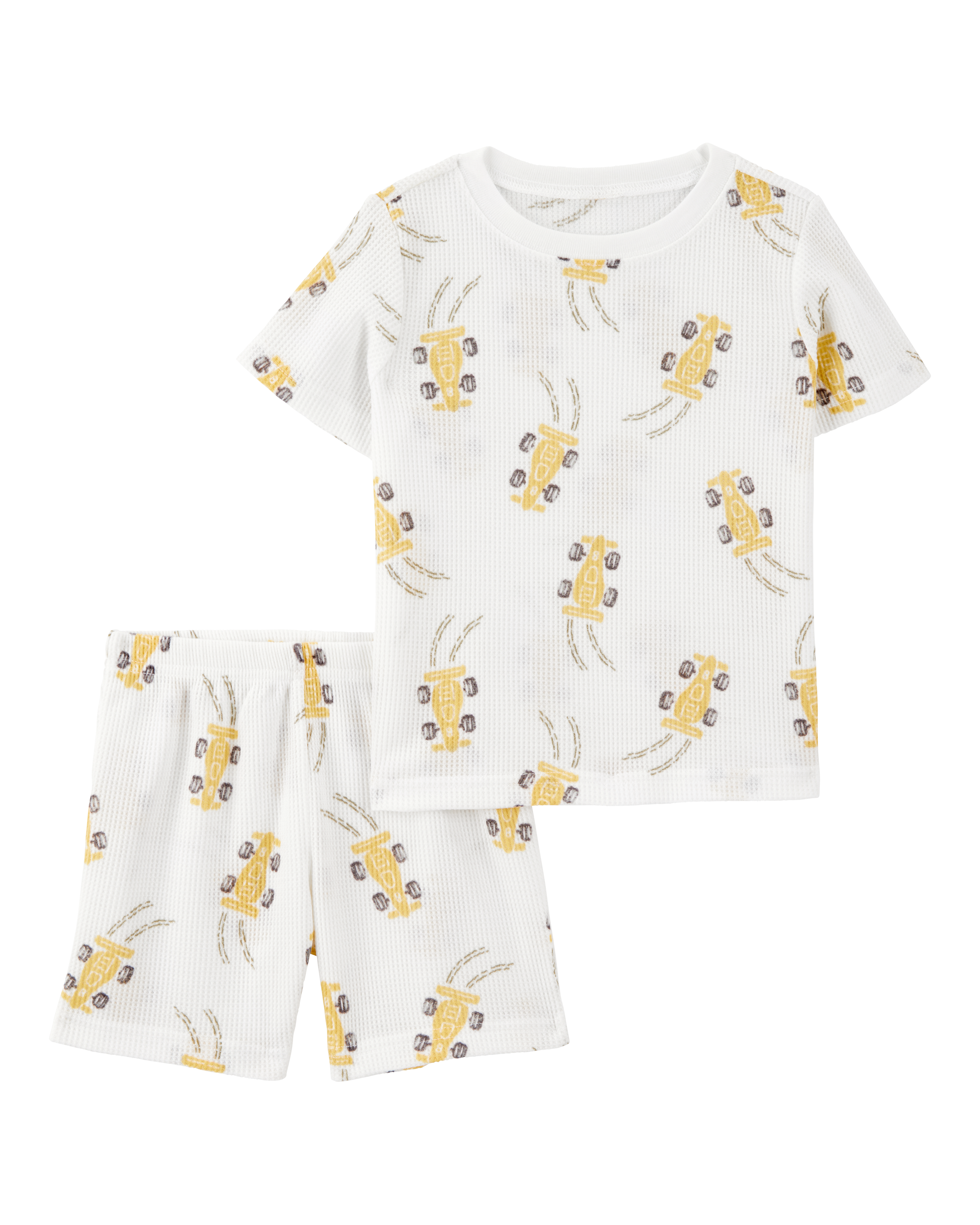 Toddler Boy Race Car Print Loose Fit Waffle Knit 2-Piece Pyjamas - Grey