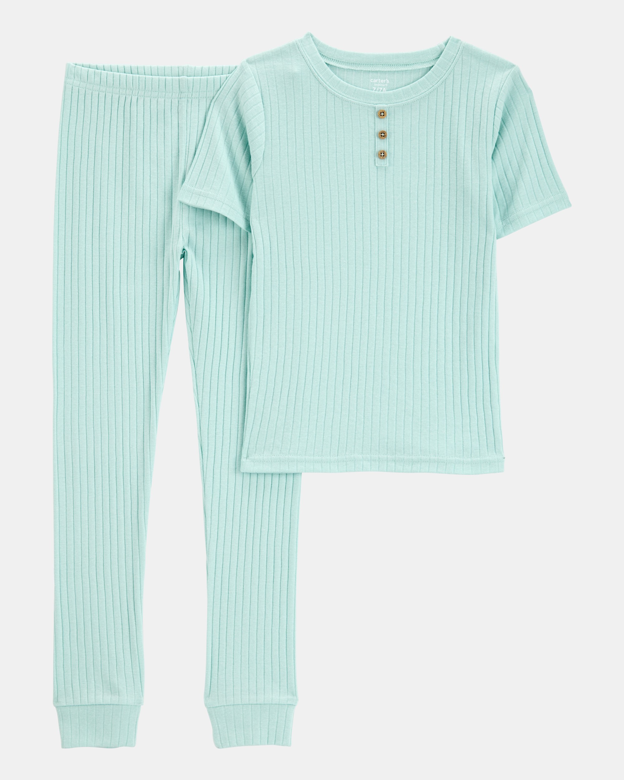 Kid Solid Ribbed Cotton Blend 2-Piece Pyjamas - Teal