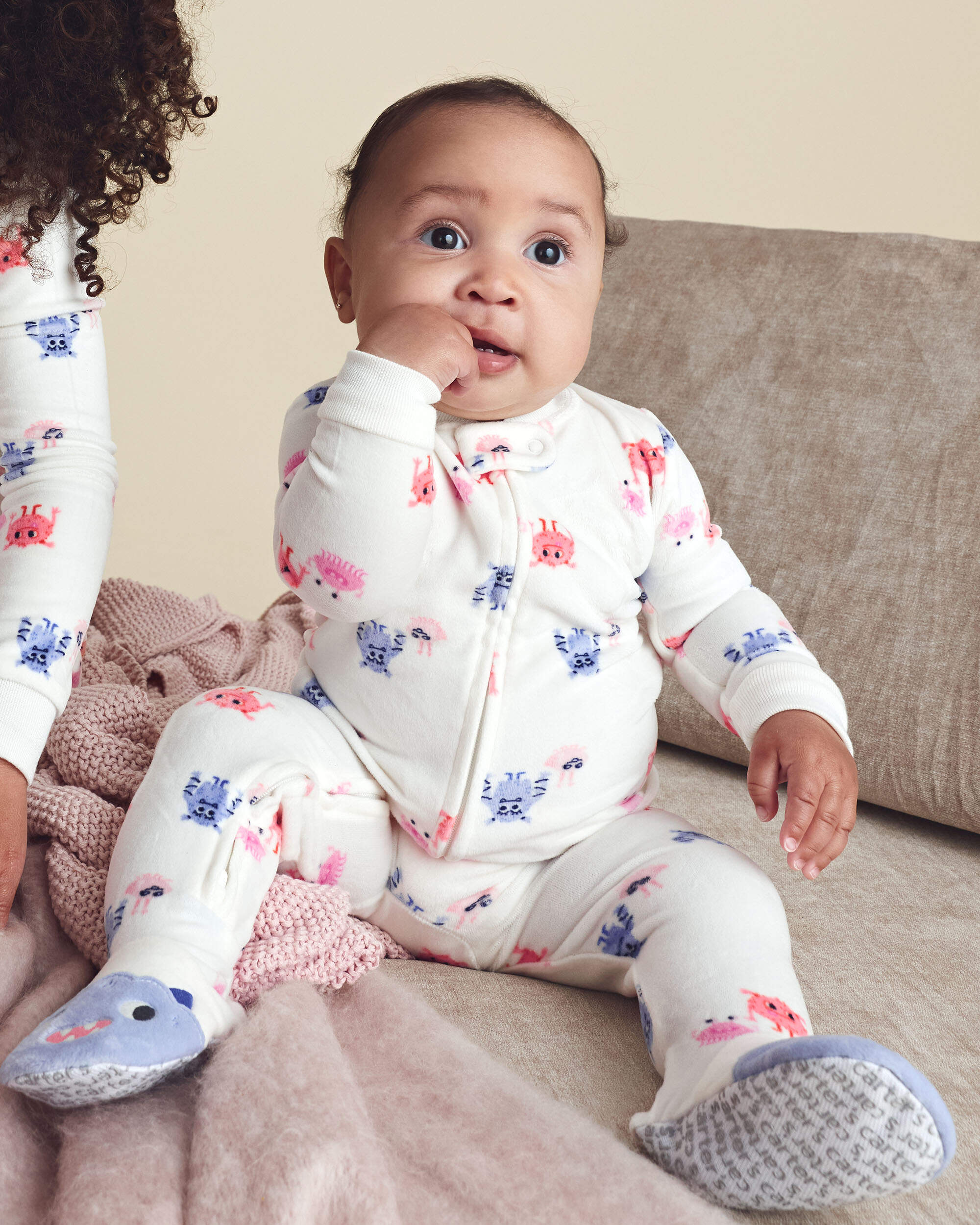 Baby Girl 1-Piece Monster 2-Way Zip DreamPlush Snug Fit Footed Pyjama - Cream