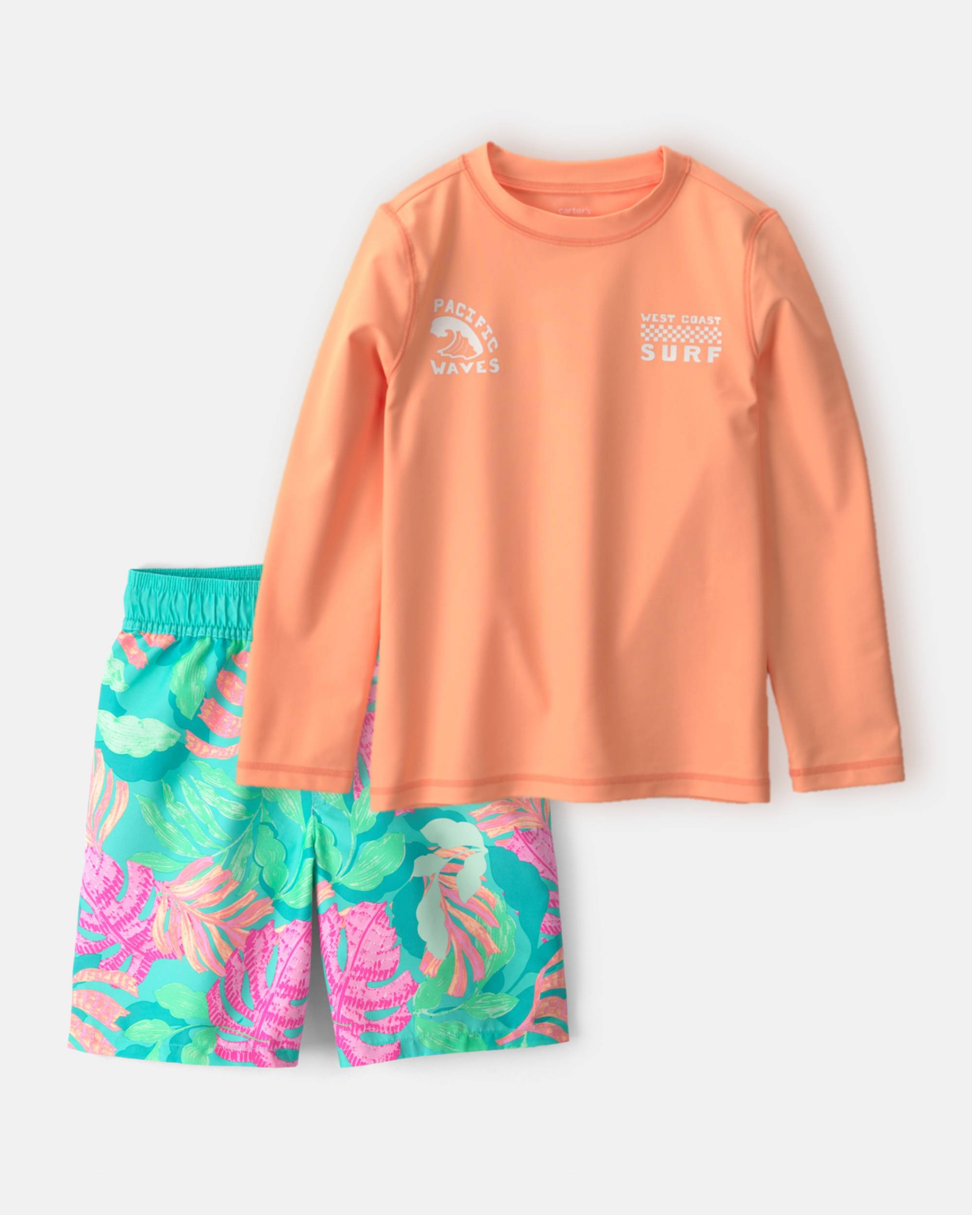 Boys 2-Piece Long-Sleeve Rashguard & Tropical Swim Trunks Set - Orange/Green