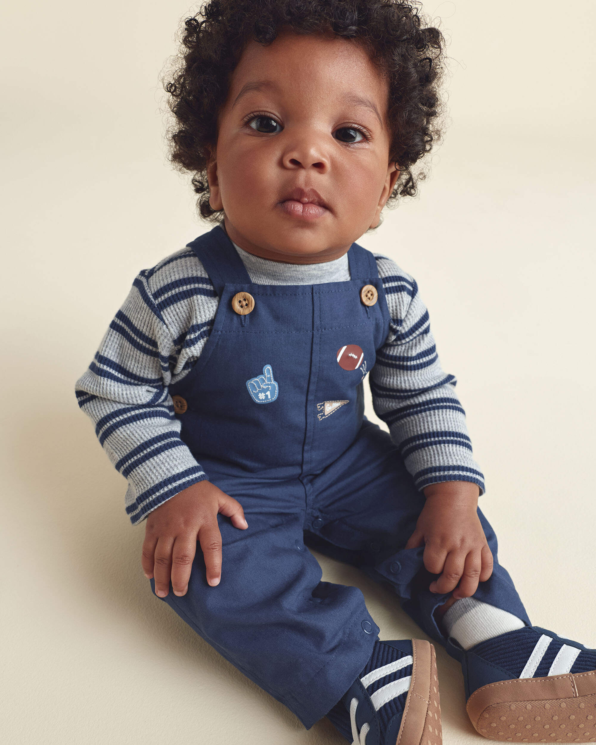 Baby Boy 2-Piece Striped Sports Thermal Overall Set - Navy