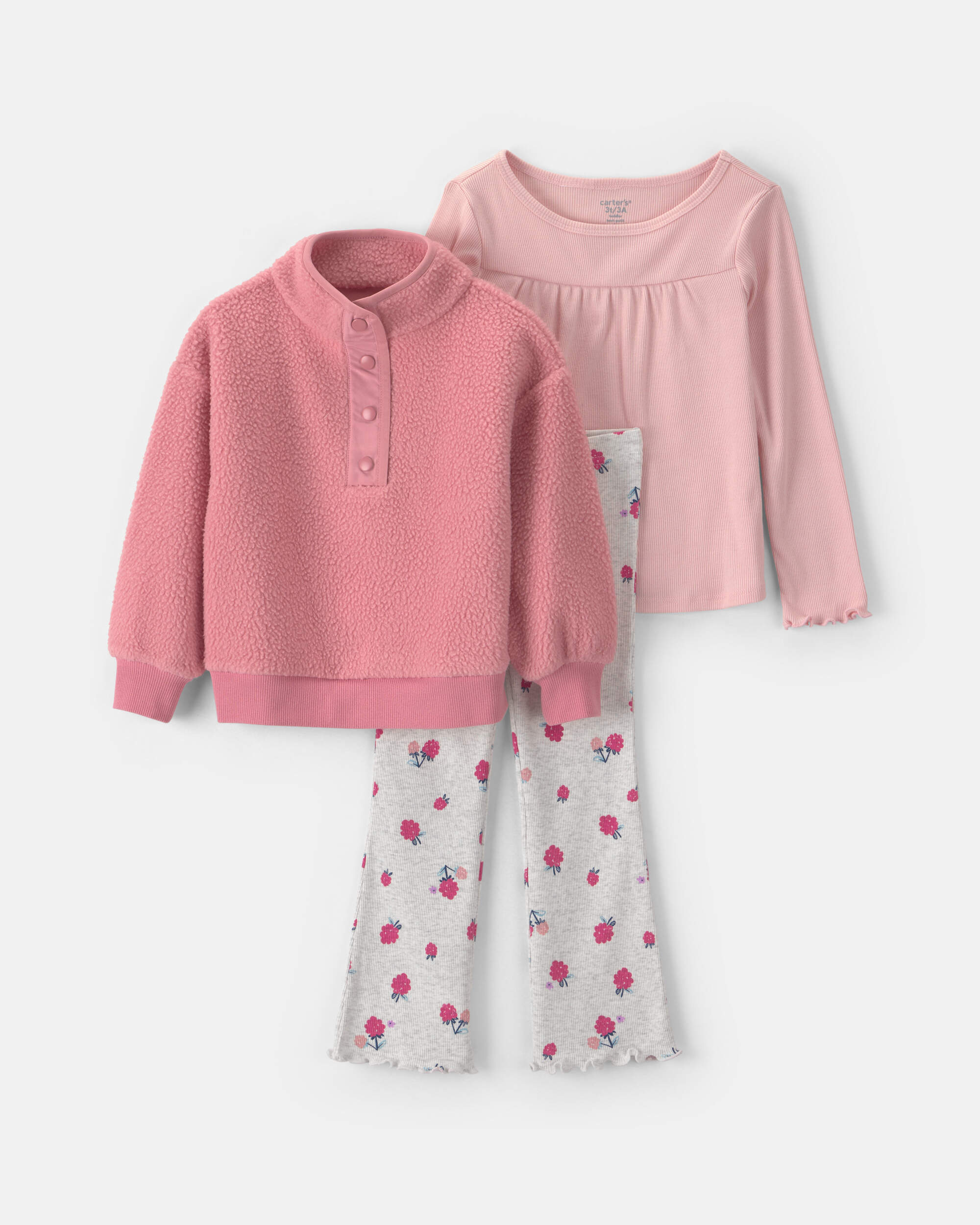 Toddler Girl 3-Piece Floral Fleece Long-Sleeve Layering Set - Pink