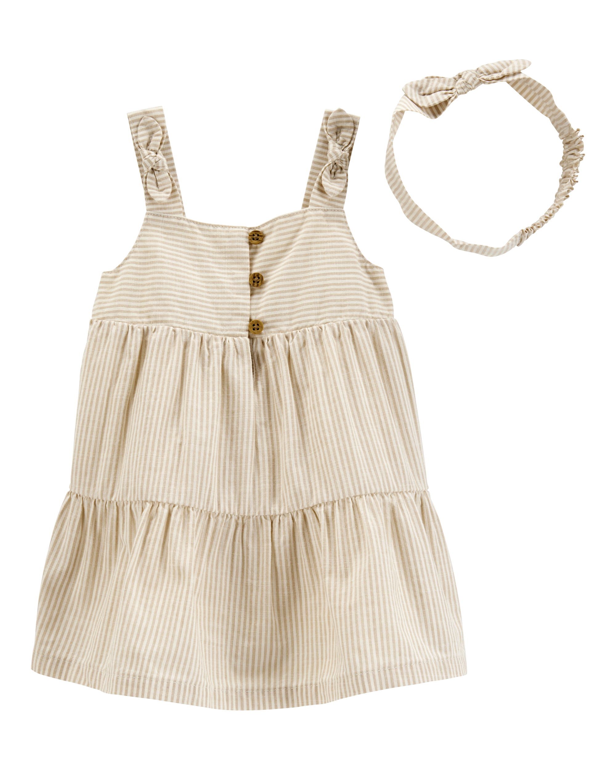 Baby Striped Cotton Dress - Tan