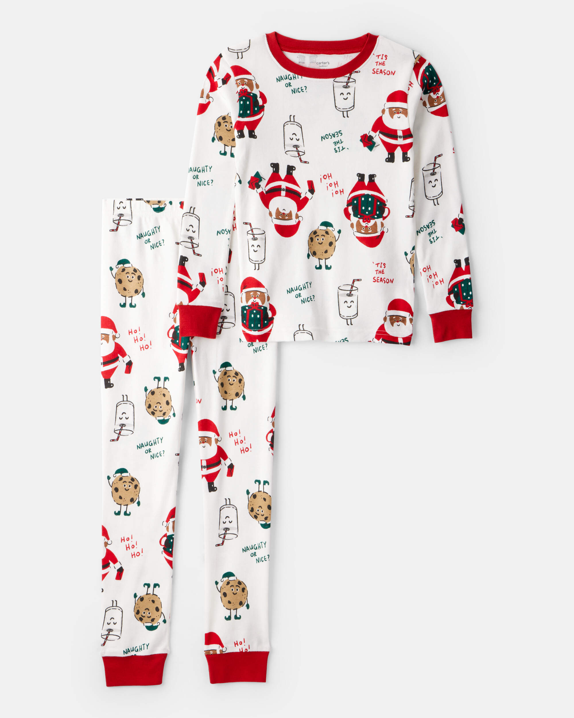 Kid Brown Santa Milk & Cookies 100% Cotton Long-Sleeve Snug Fit 2-Piece Pajamas - White