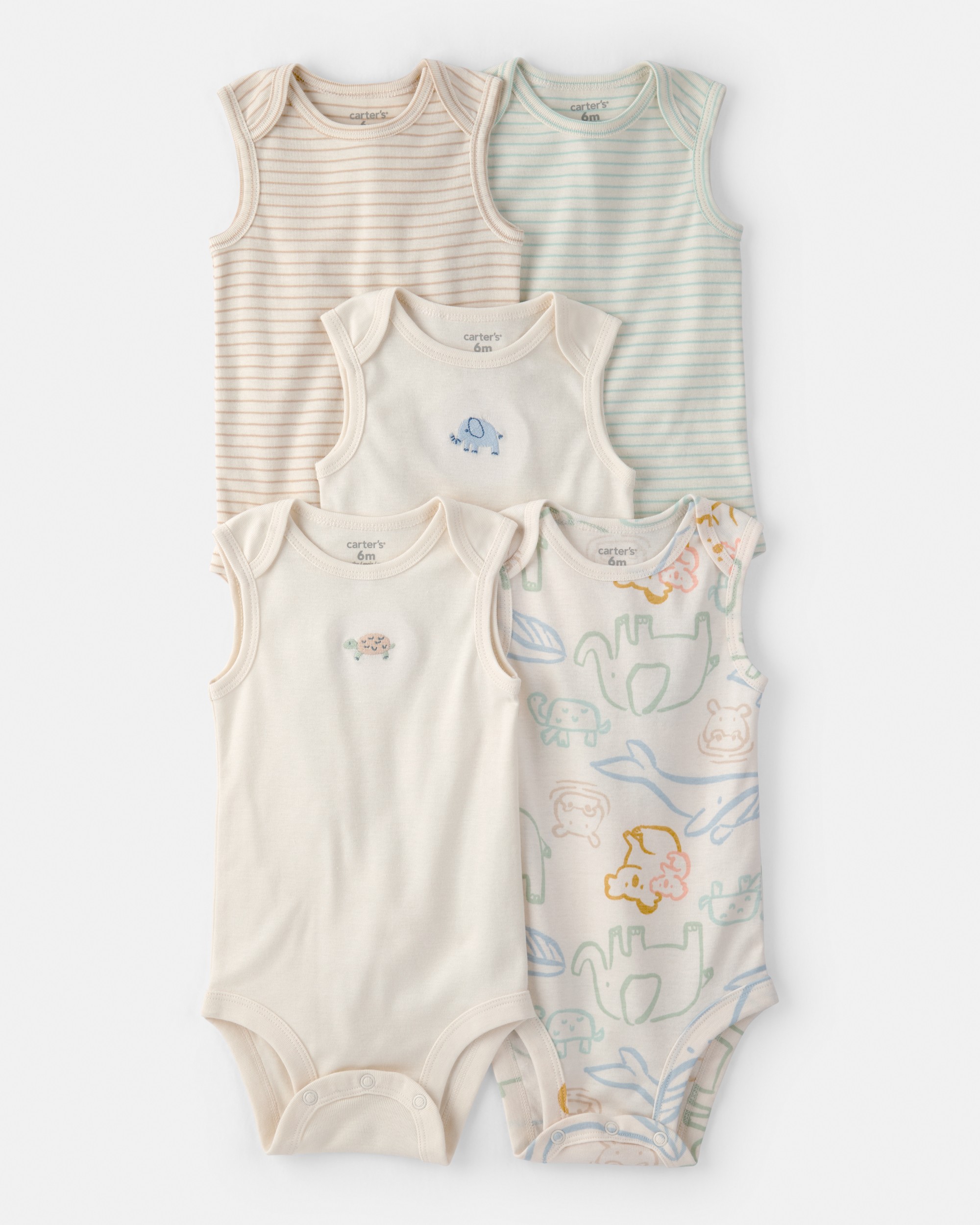 Baby 5-Pack Animals Sleeveless Multipack Bodysuits - Cream