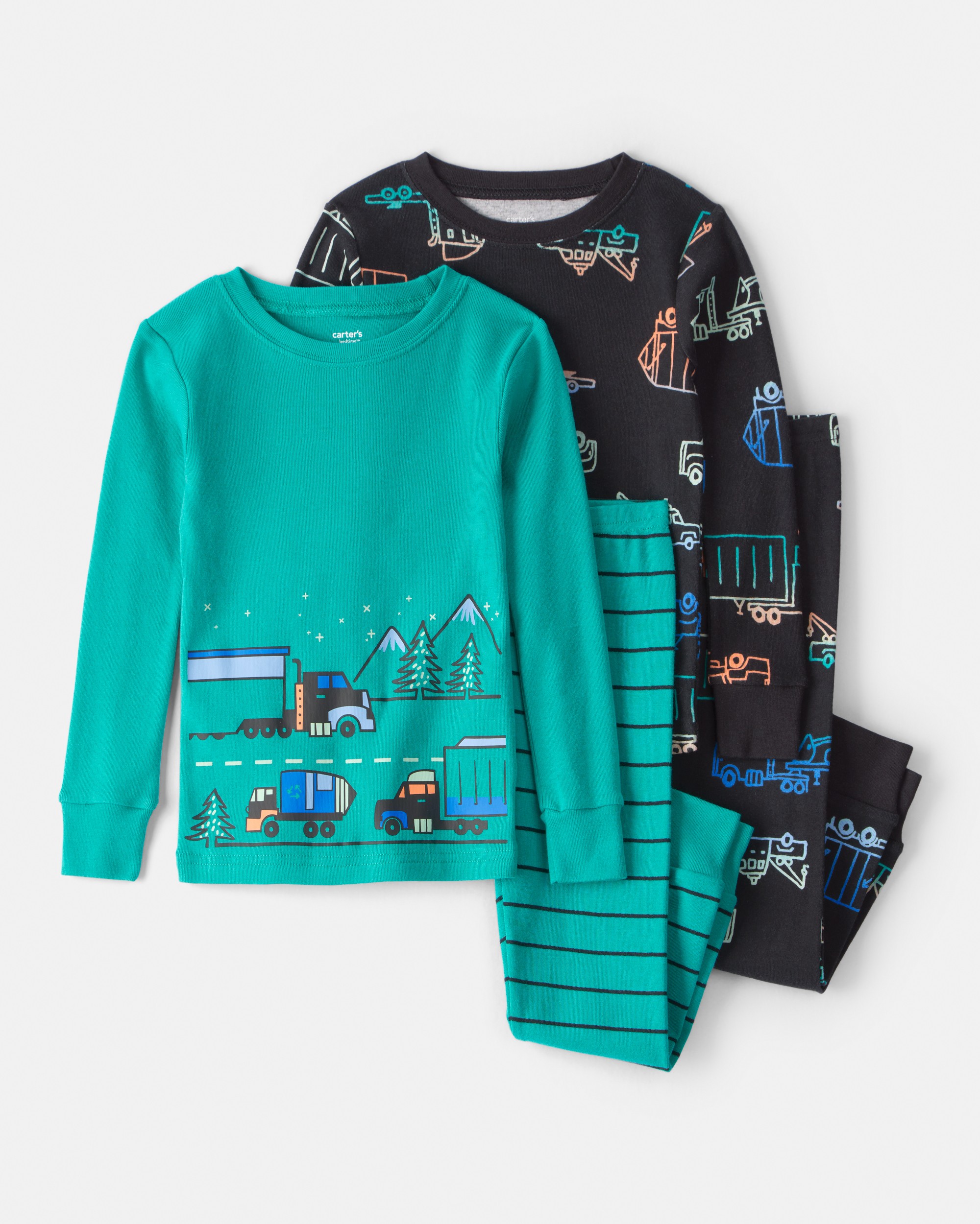 Toddler Truck 100% Cotton Snug Fit 4-Piece Pyjamas - Green