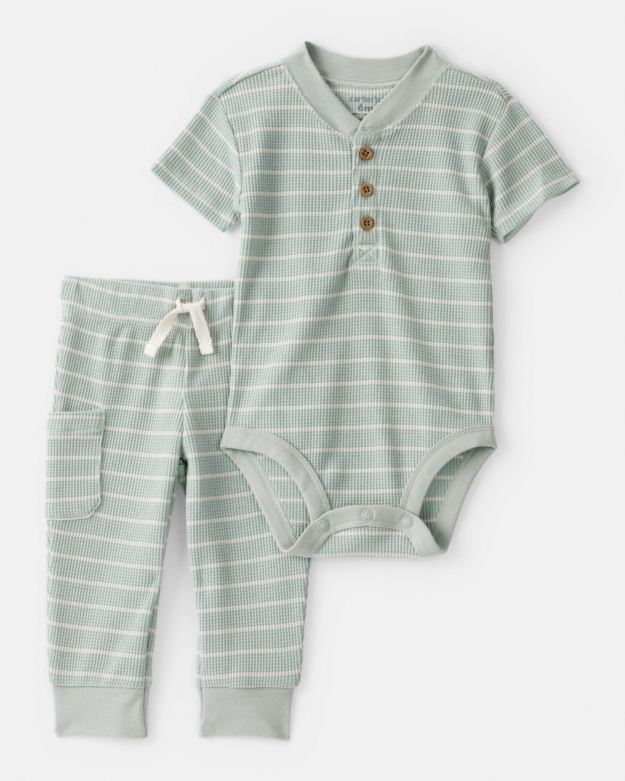 Baby Boy Stripe Thermal Bodysuit & Pant Set - Green