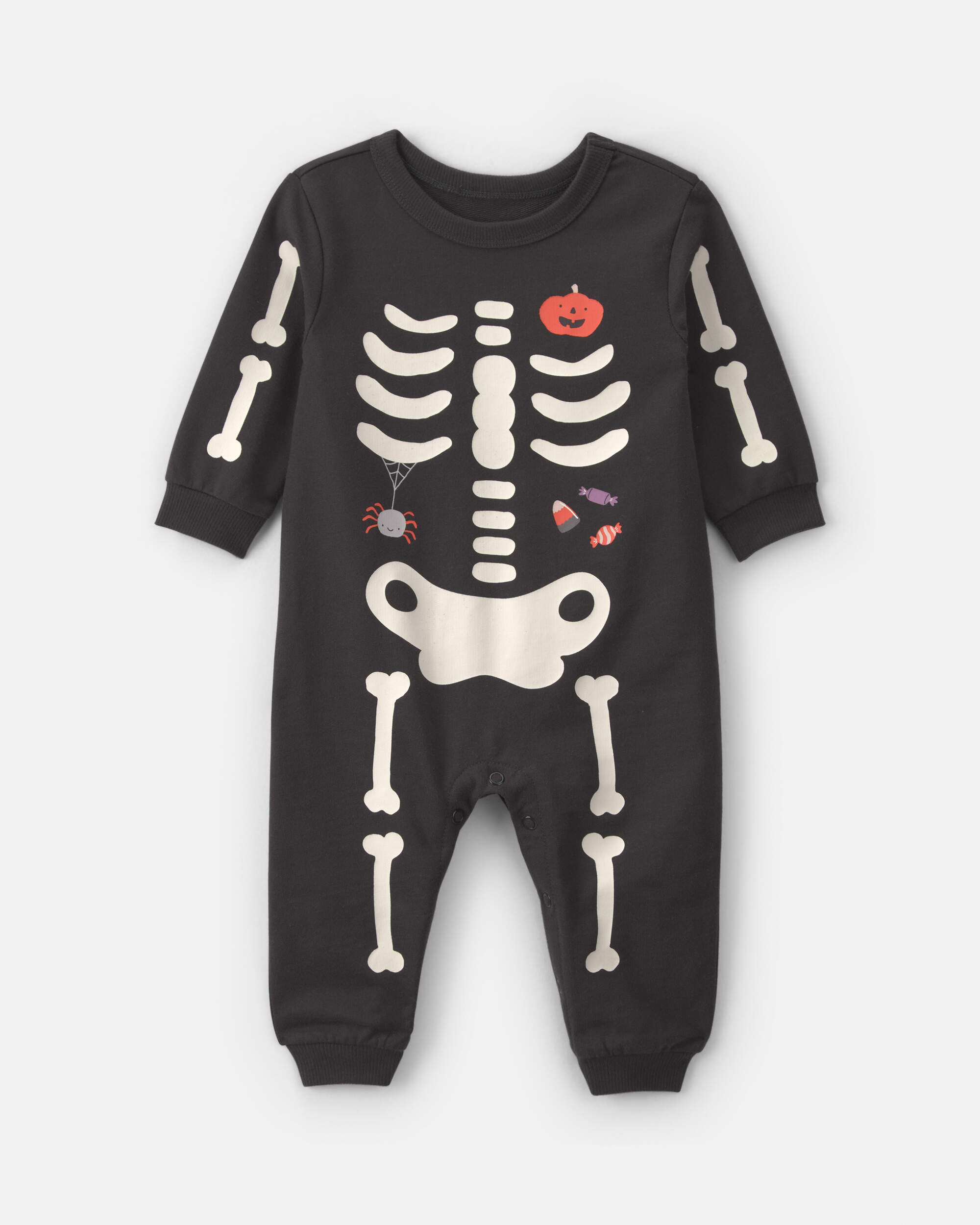 Baby Skeleton Halloween French Terry Long-Sleeve Jumpsuit - Black