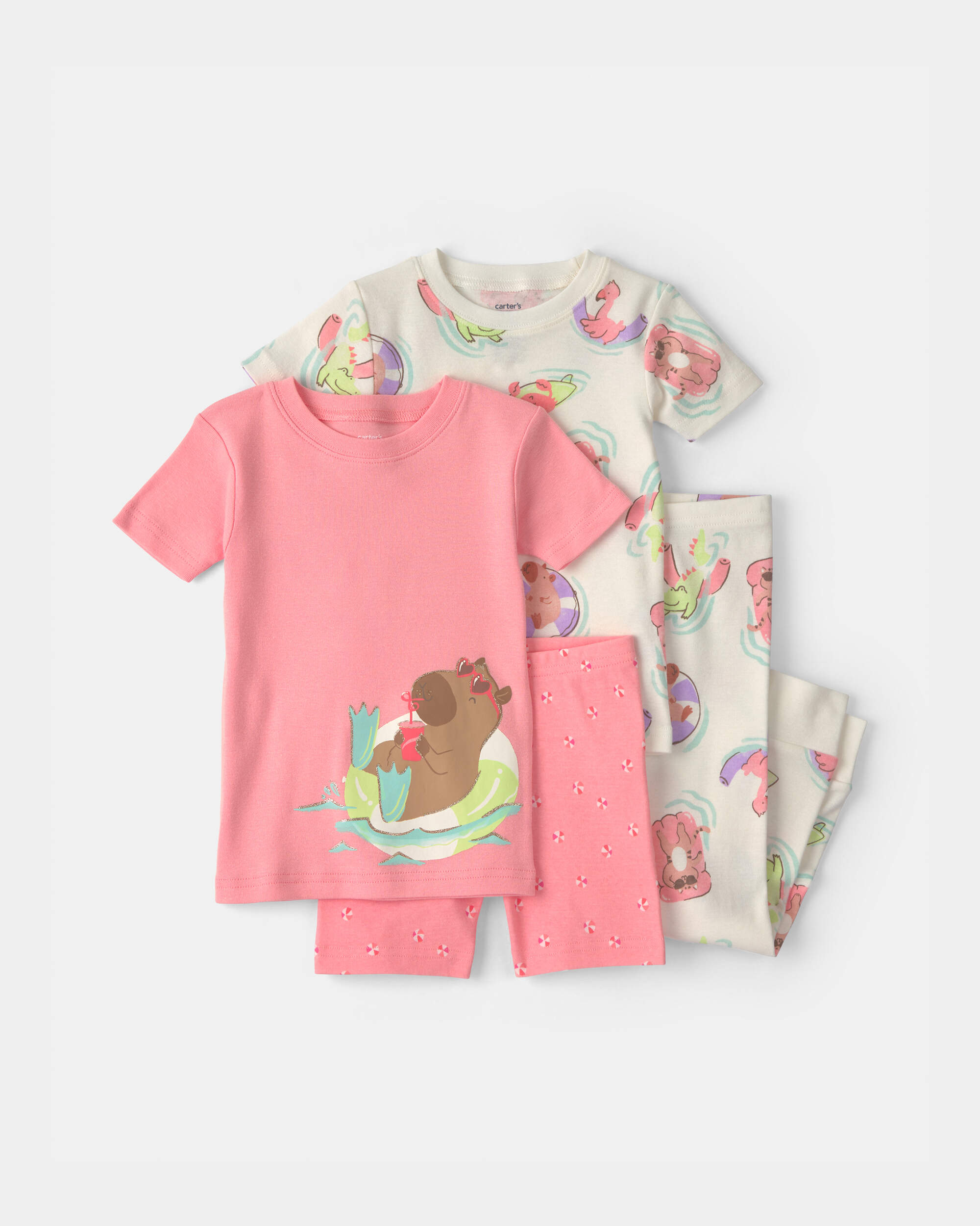 Baby Girl Pool Party 100% Cotton 4-Piece Pyjama Set - Pink/Ivory