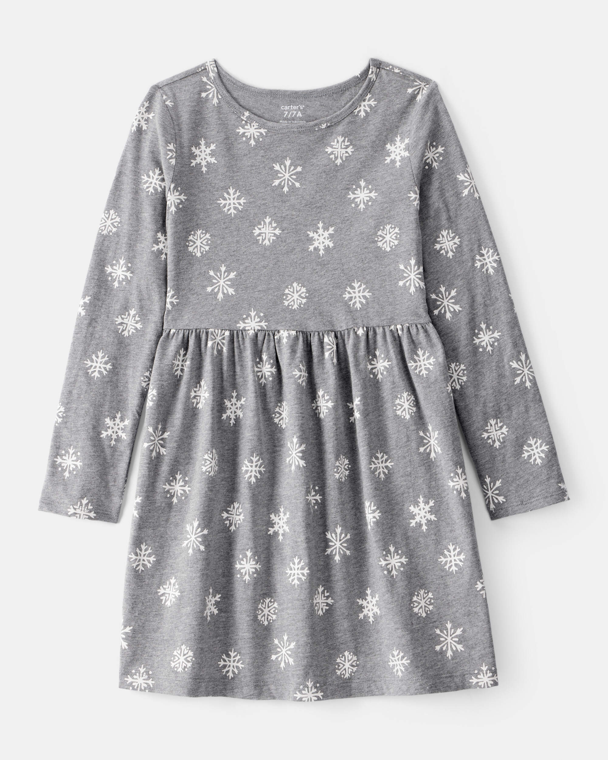 Girls Snowflake Print Cotton Long-Sleeve Dress - Grey