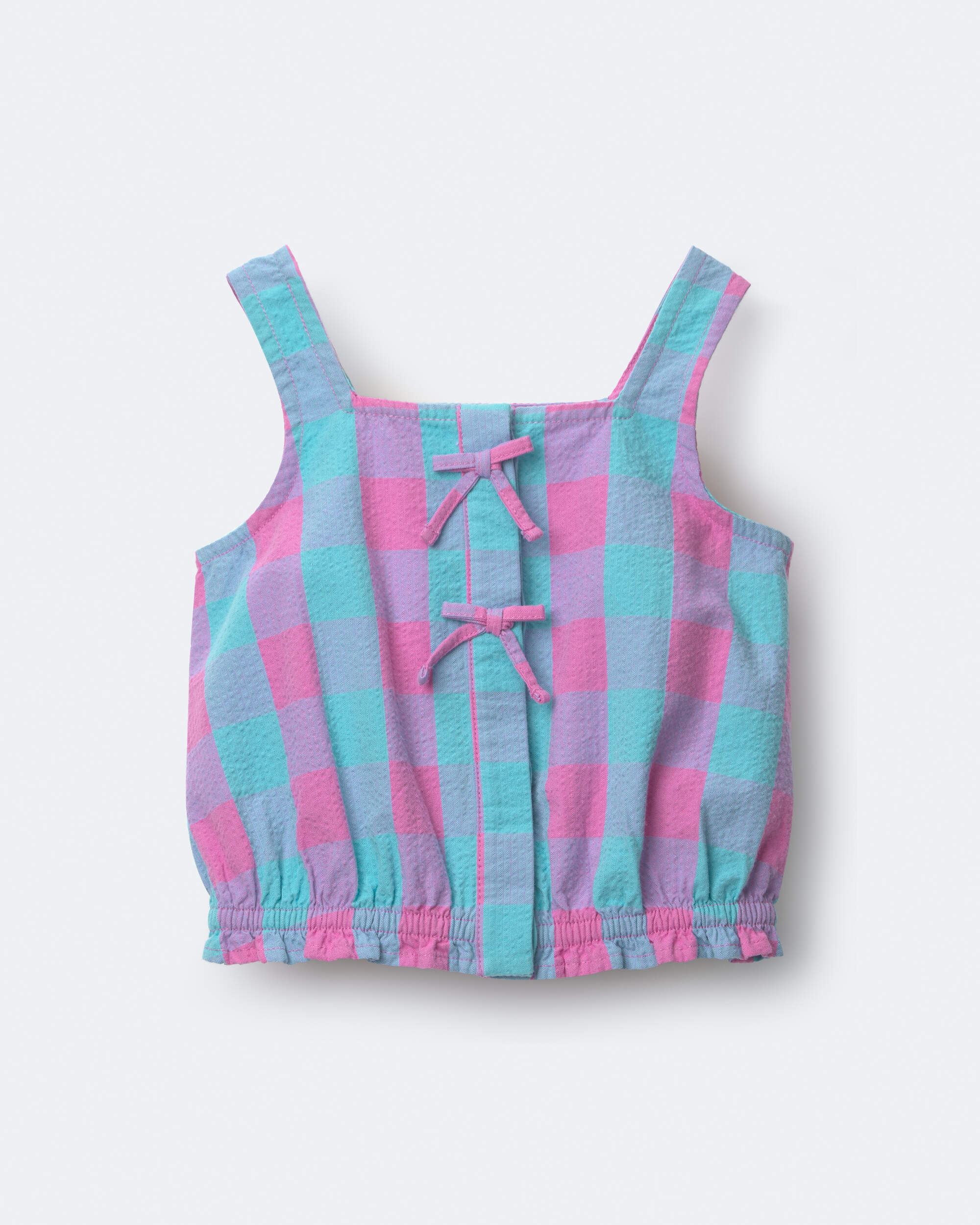 Toddler Girl Gingham Peplum Top with Bows - Purple/Blue