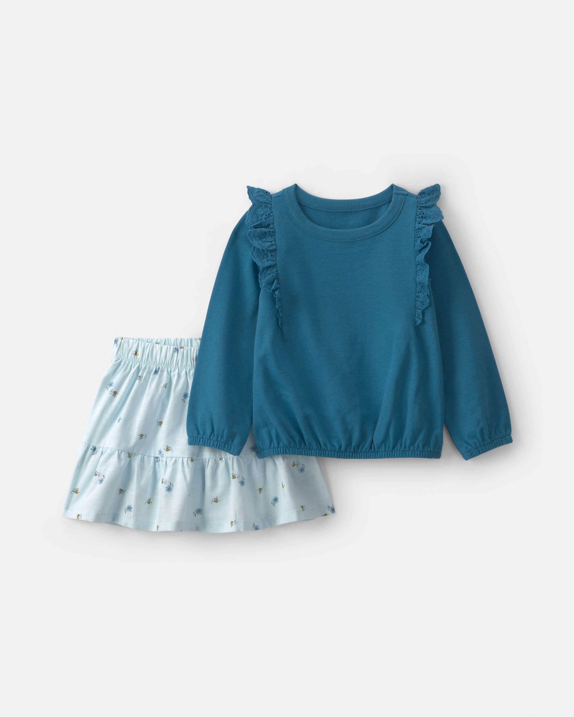 Toddler Girl 2-Piece  French Terry Top & Bee Skirt Set - Blue