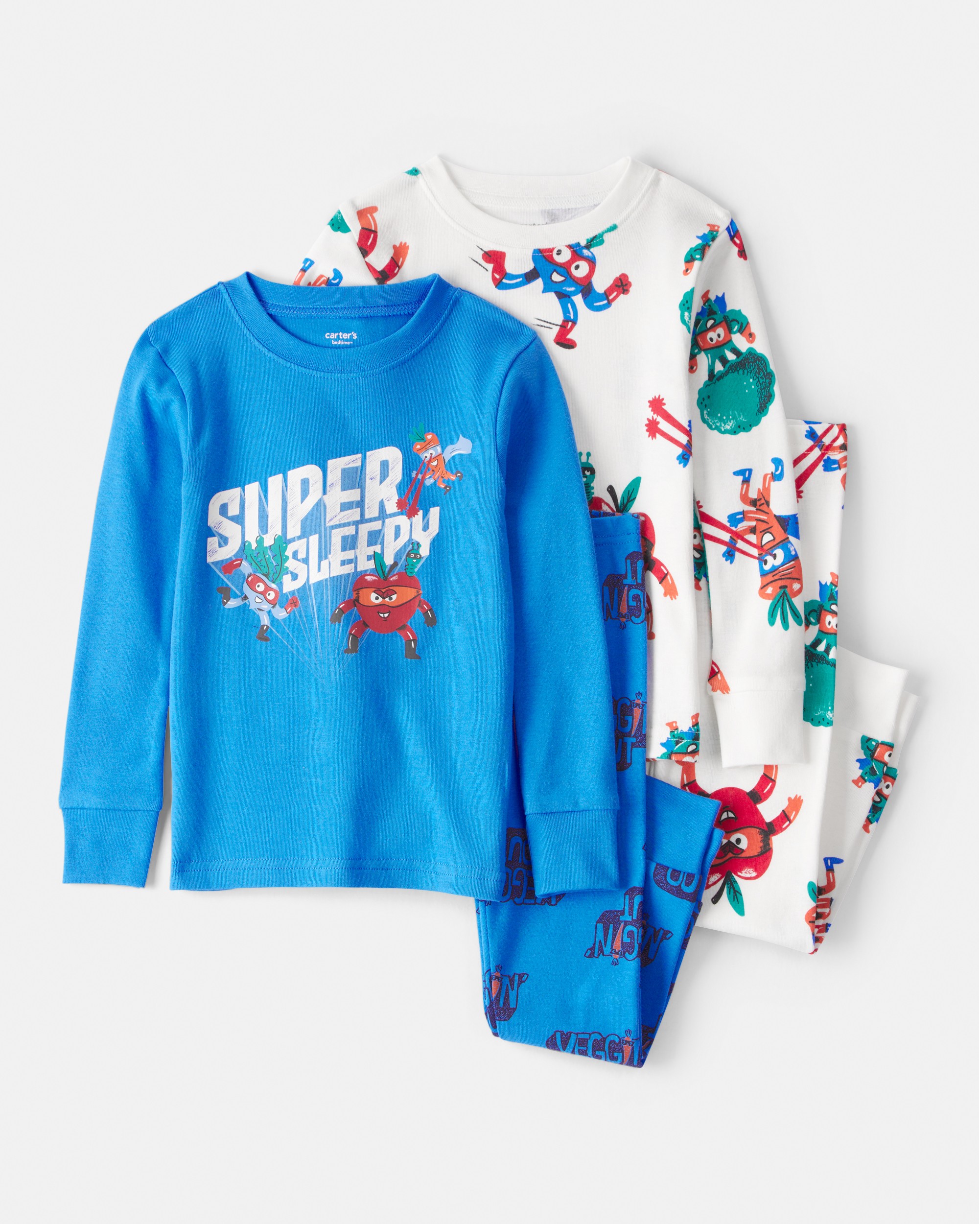 Toddler Boy Veggies 100% Cotton Loose Fit 4-Piece Pyjamas - Blue/White