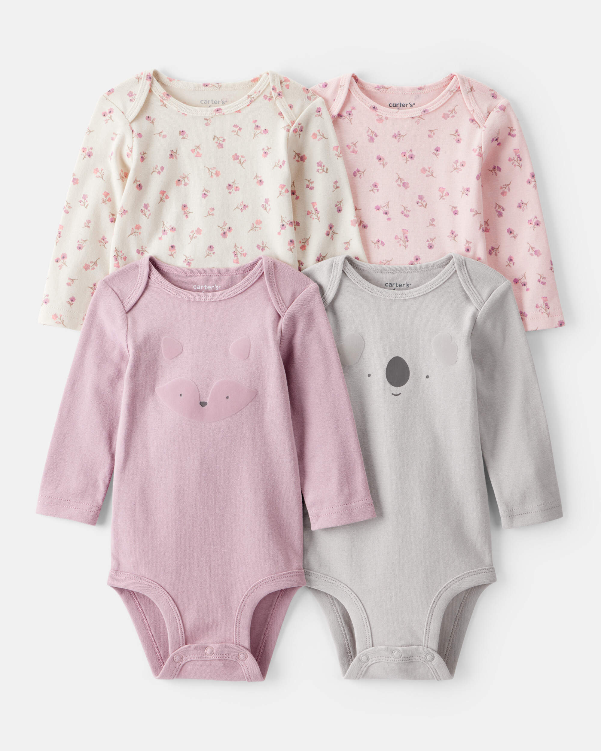 Baby Girl 4-Pack Koala Print Cotton Long-Sleeve Multipack Bodysuits - Purple/White/Pink