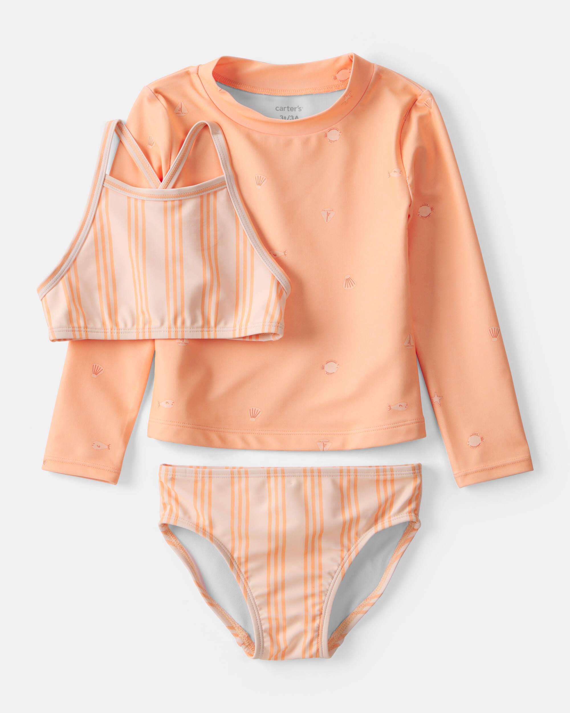 Toddler Girl 3-Piece Sleeveless Rashguard Swimsuit Set - Orange