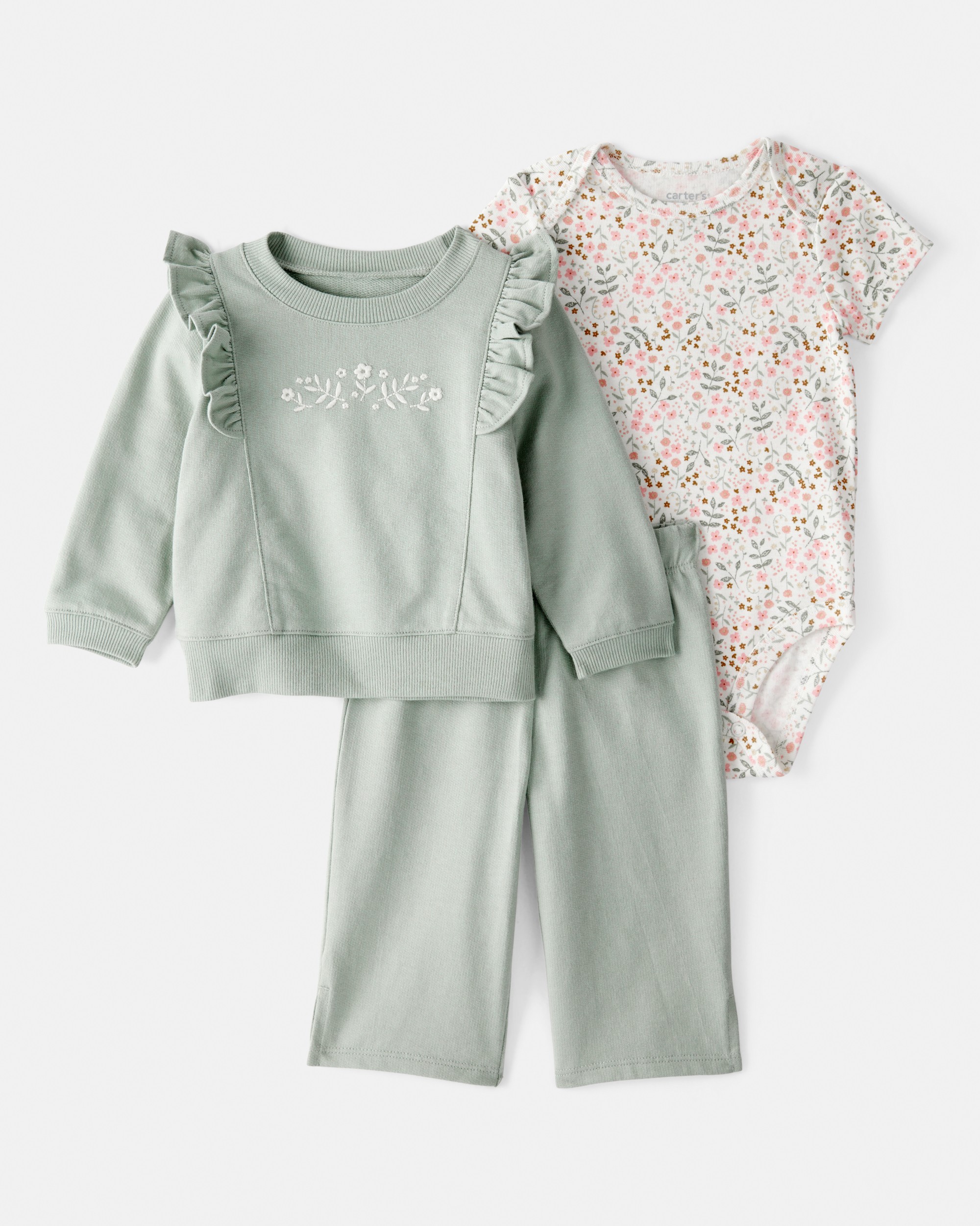 Baby Girl 3-Piece Floral Sweatshirt Outfit Set - Green