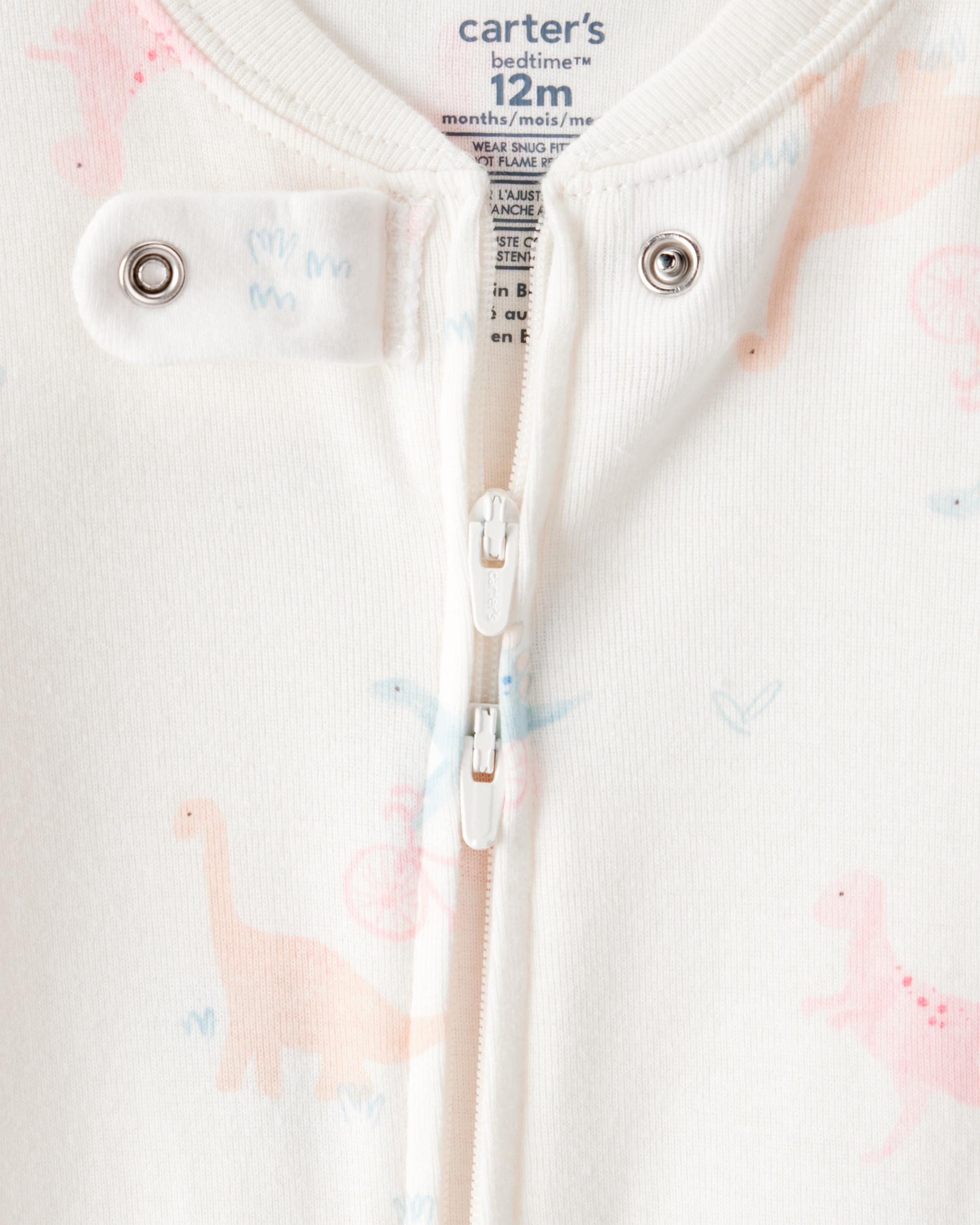 Baby Girl Dinosaur Print 100% Cotton Long-Sleeve 2-Way Zip 1-Piece Pyjamas - White