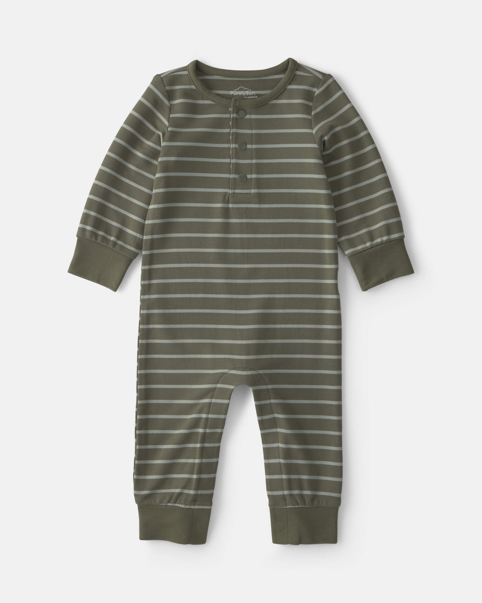Baby Boy Striped PurelySoft™ Long-Sleeve Jumpsuit - Olive Green