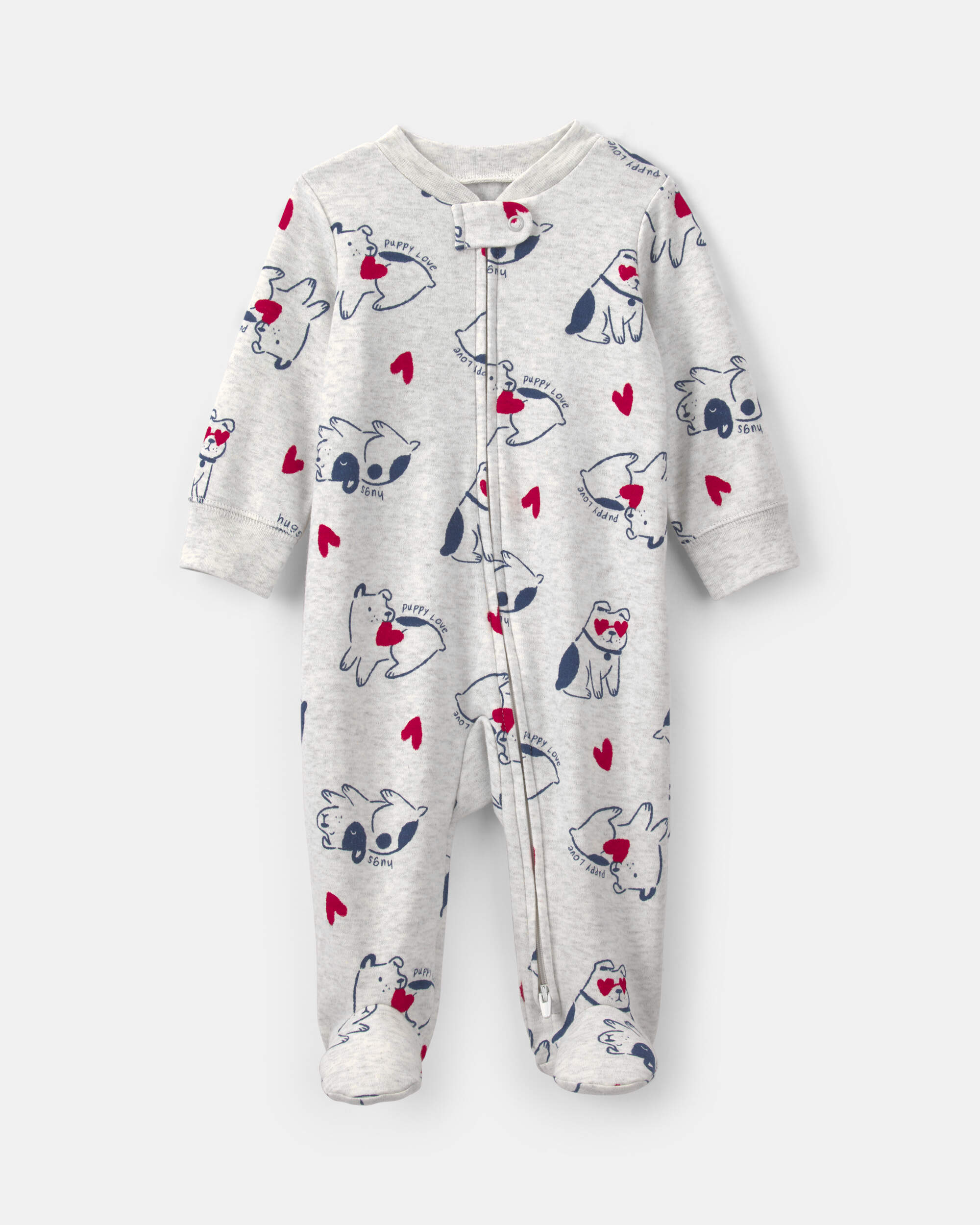Baby 2-Way Zip 'Puppy Love' Valentine's Day Cotton Sleepers - Grey
