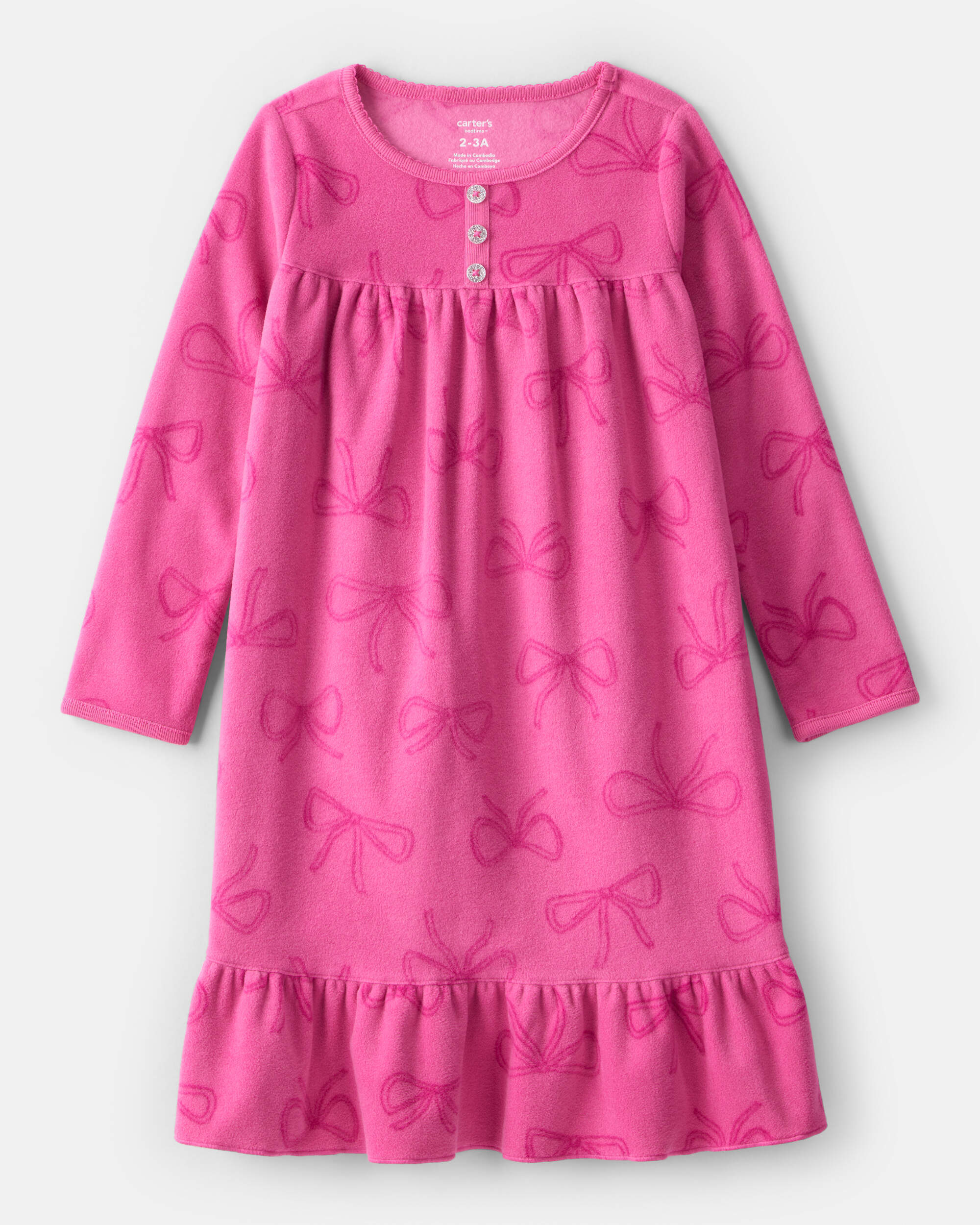 Girls Bow Print Fleece Long-Sleeve Loose Fit Night Gown - Pink