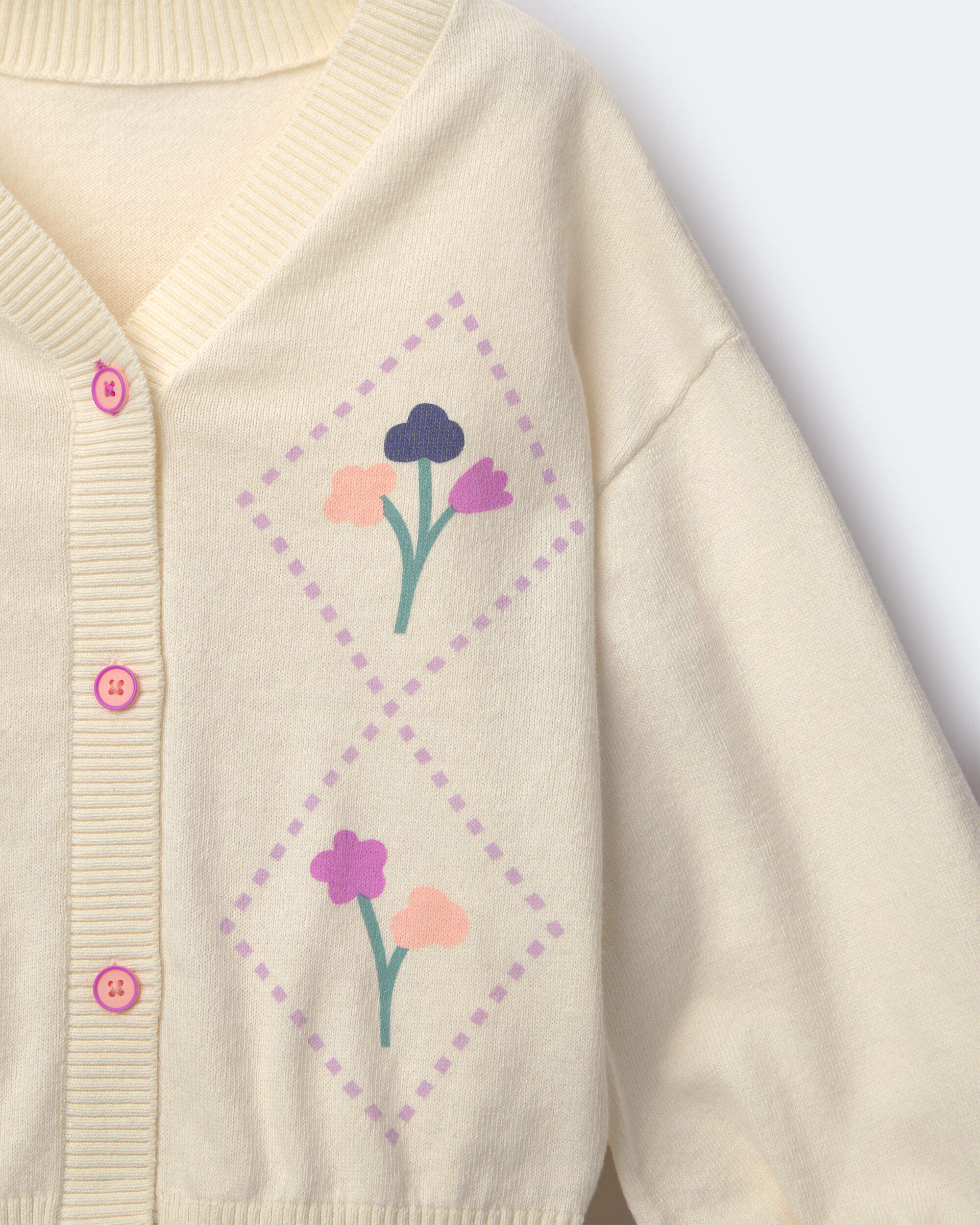 Toddler Girl Embroidered Cardigan Sweater with Flowers - Cream