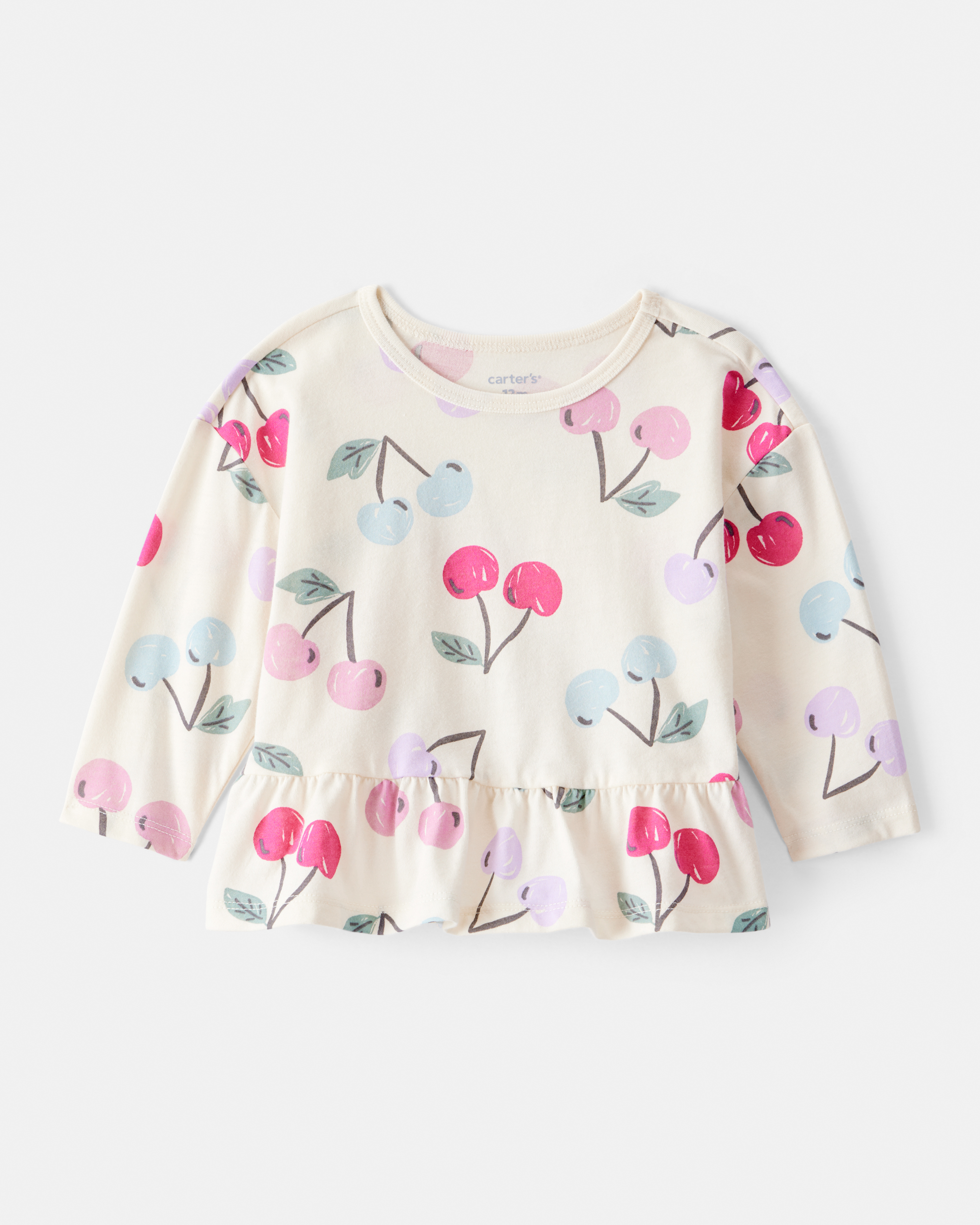 Baby Girl Cherry Long-Sleeve Peplum Top - White