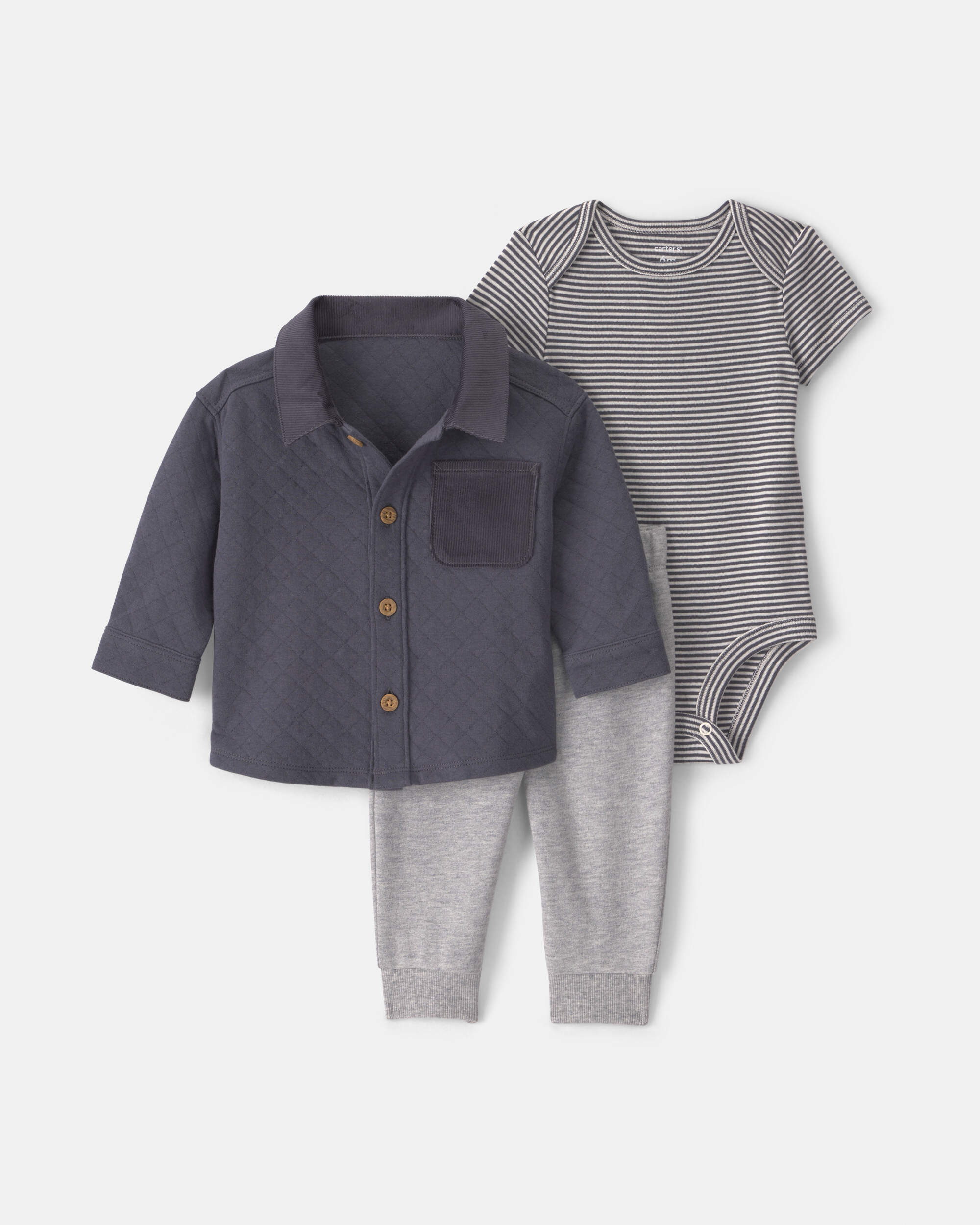 Baby Boy 3-Piece Quilted French Terry Layering Set - Grey