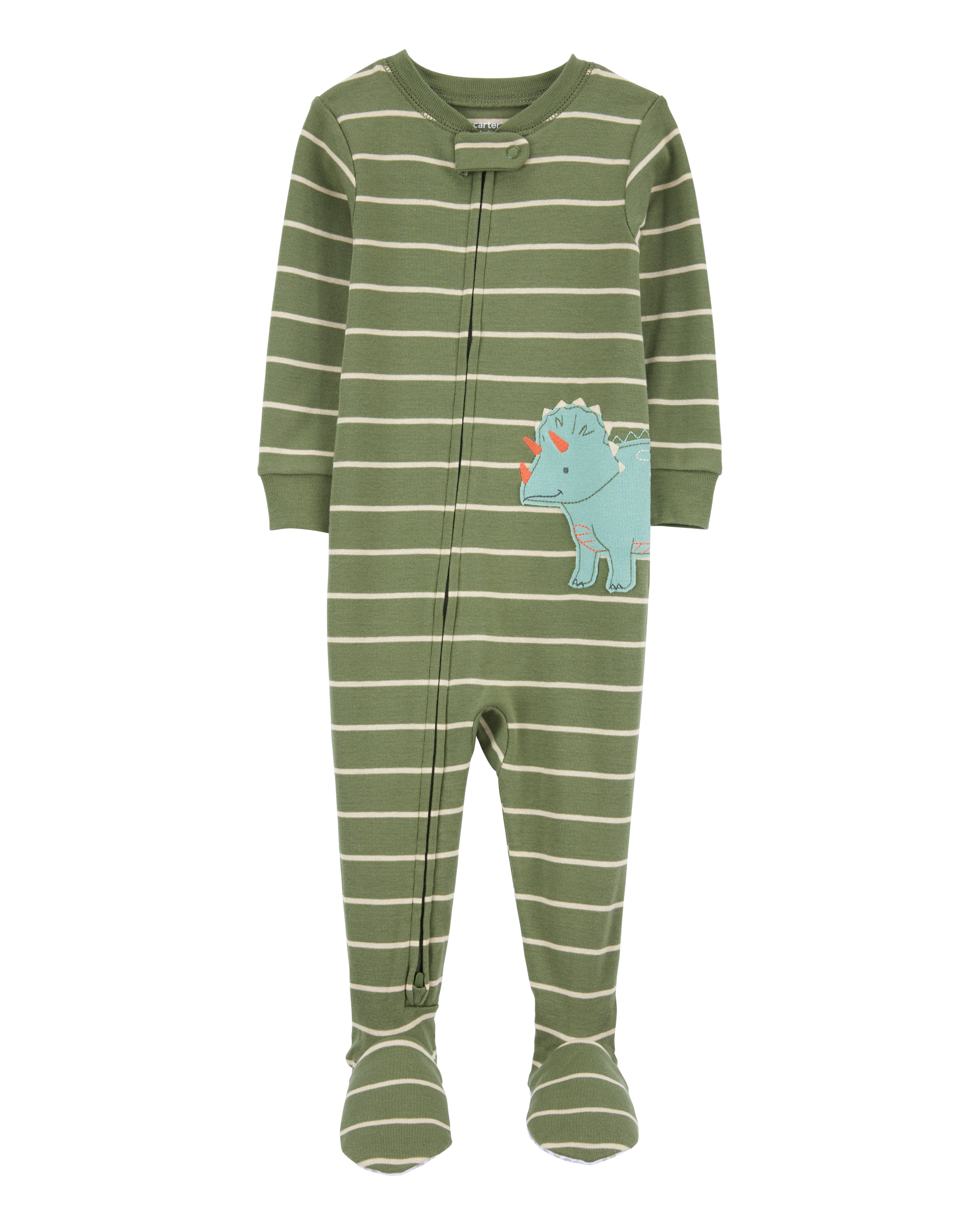 Baby Dinosaur Striped Snug Fit Cotton Footie 1-Piece Pyjamas - Green