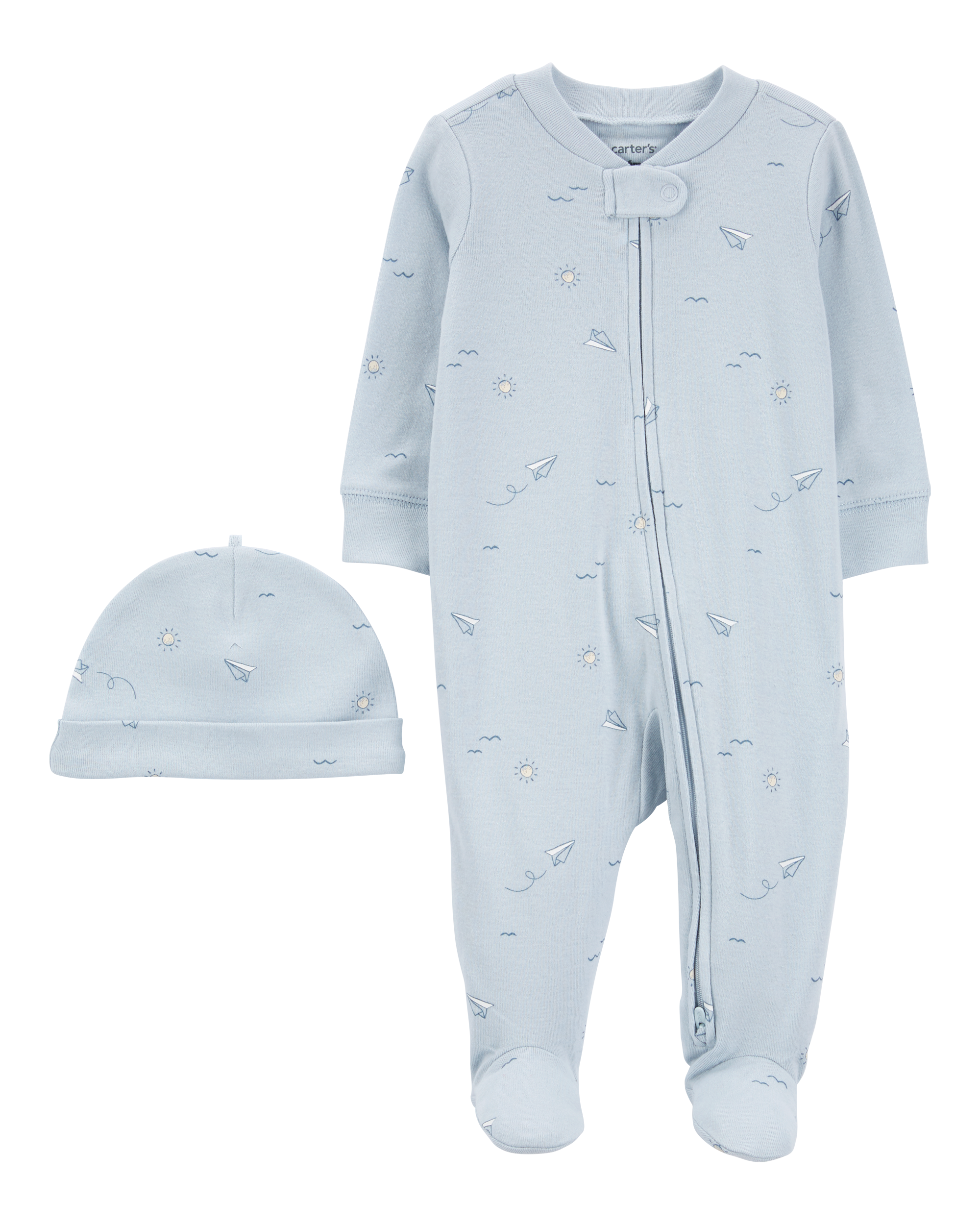 Baby Blue Airplane 2-Piece Sleeper and Cap Set