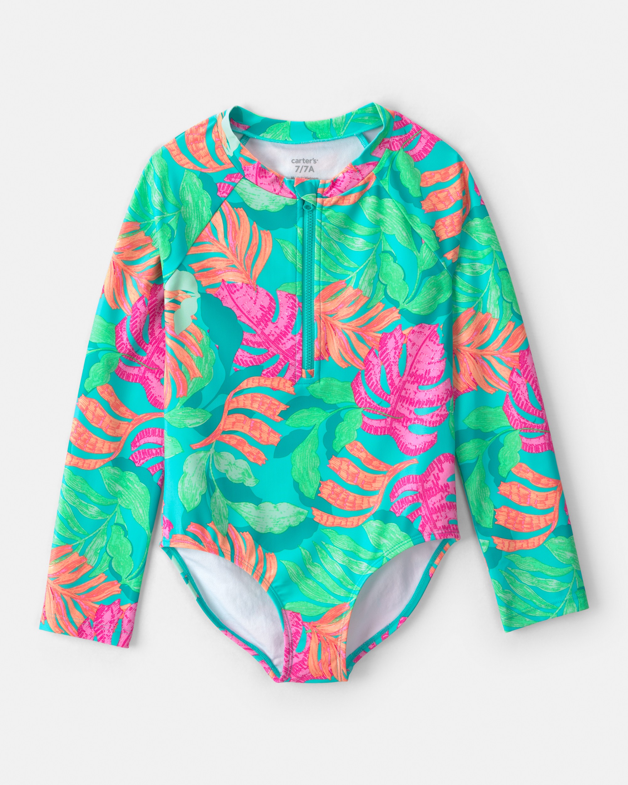 Girls Tropical Long-Sleeve 1-Piece Rashguard Swimsuit - Teal