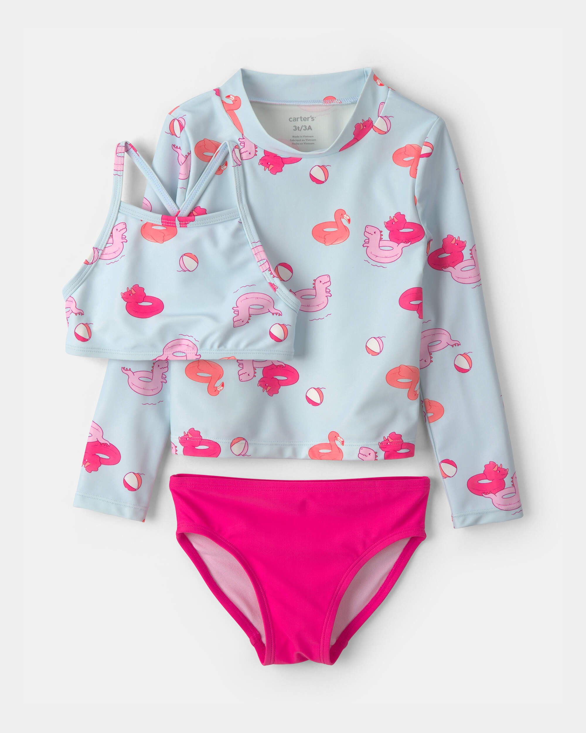 Toddler Girl Pool Float 3-Piece Rashguard Swimsuit Set - Blue/Pink