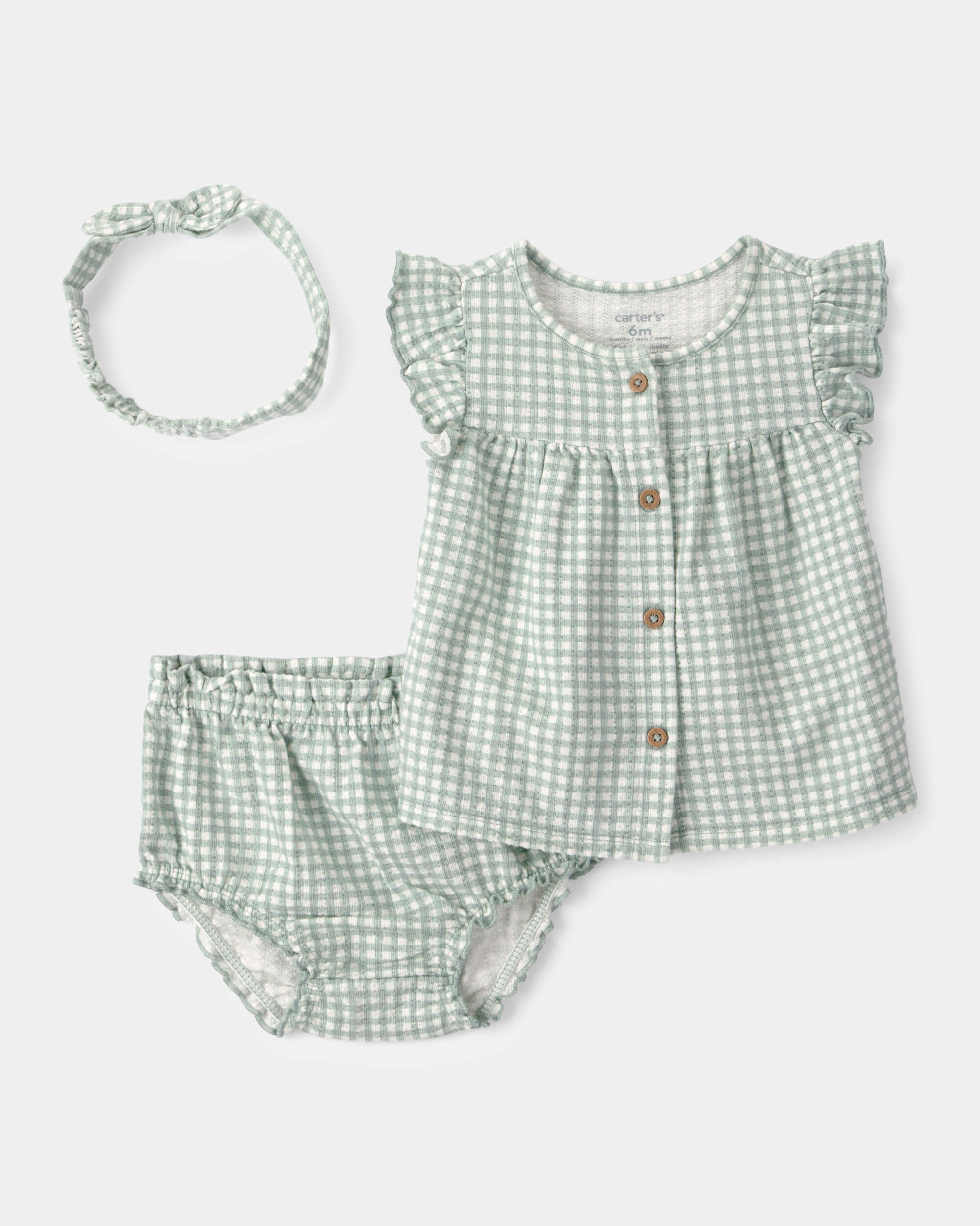 Baby Girl 3-Piece Gingham Top & Short Set - Green
