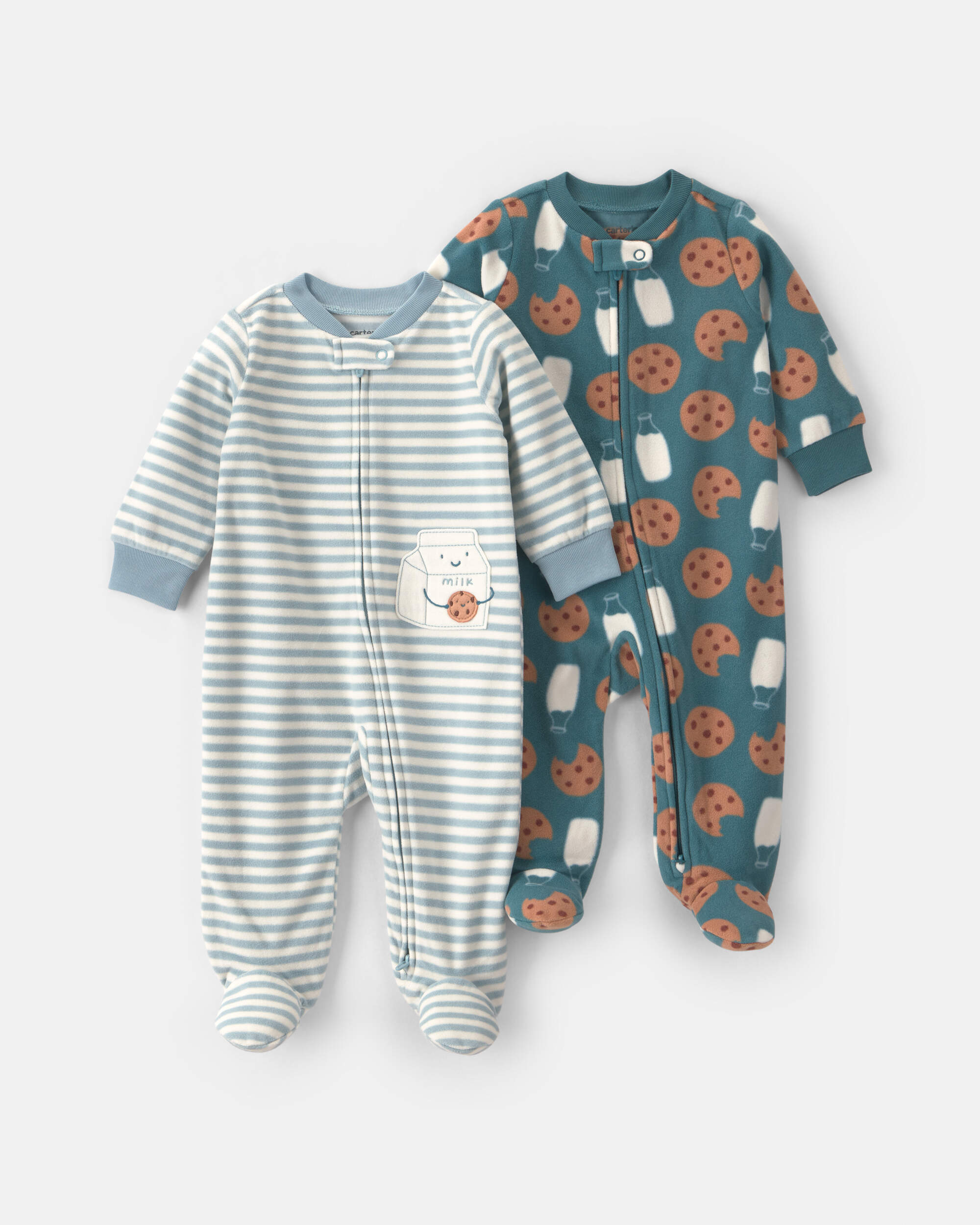 Baby Boy 2-Pack Milk & Cookies Striped Fleece 2-Way Zip Sleepers- Green/Blue
