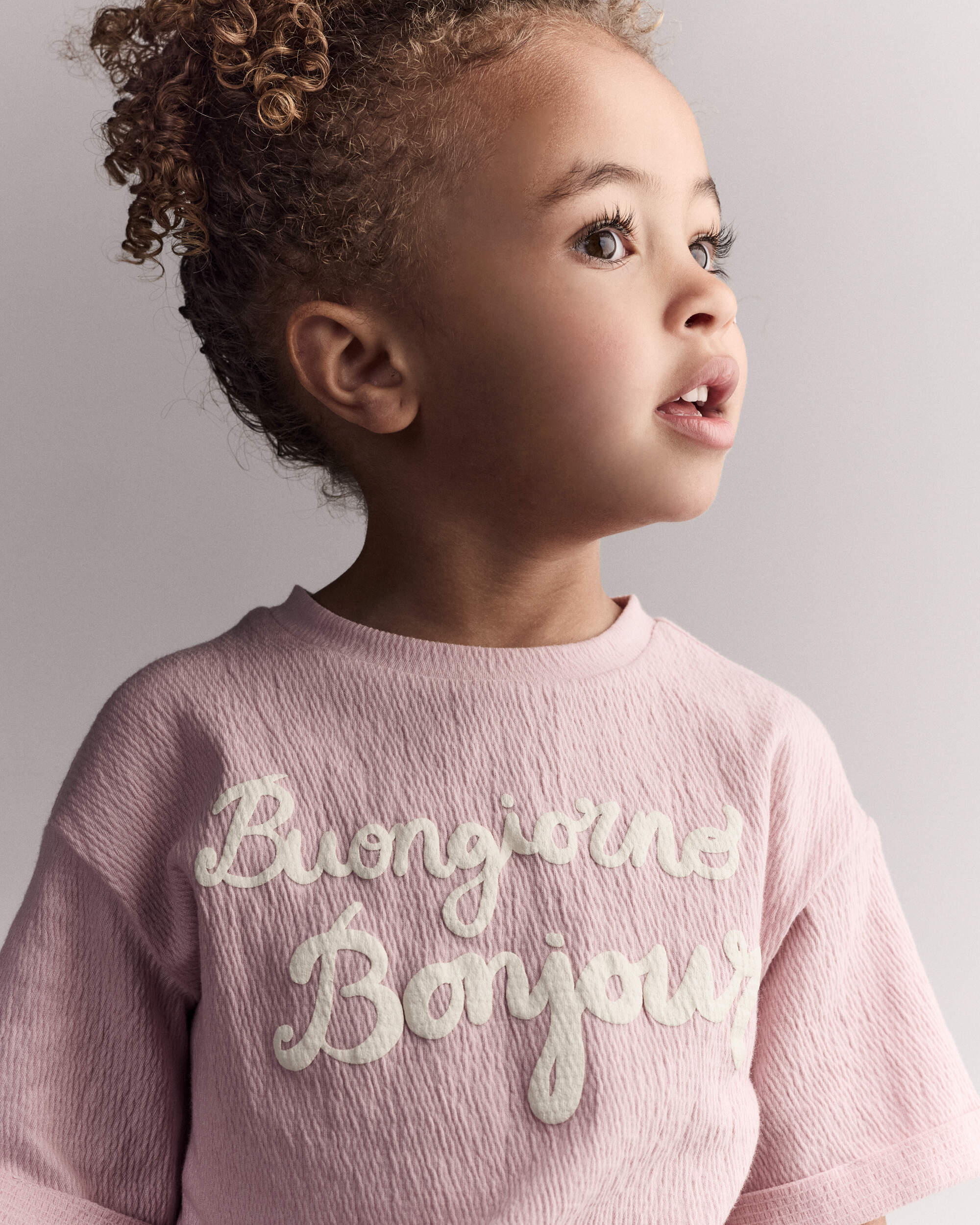 Toddler Girl 'Buongiorno, Bonjour' Rolled Cuff Tee - Light Pink
