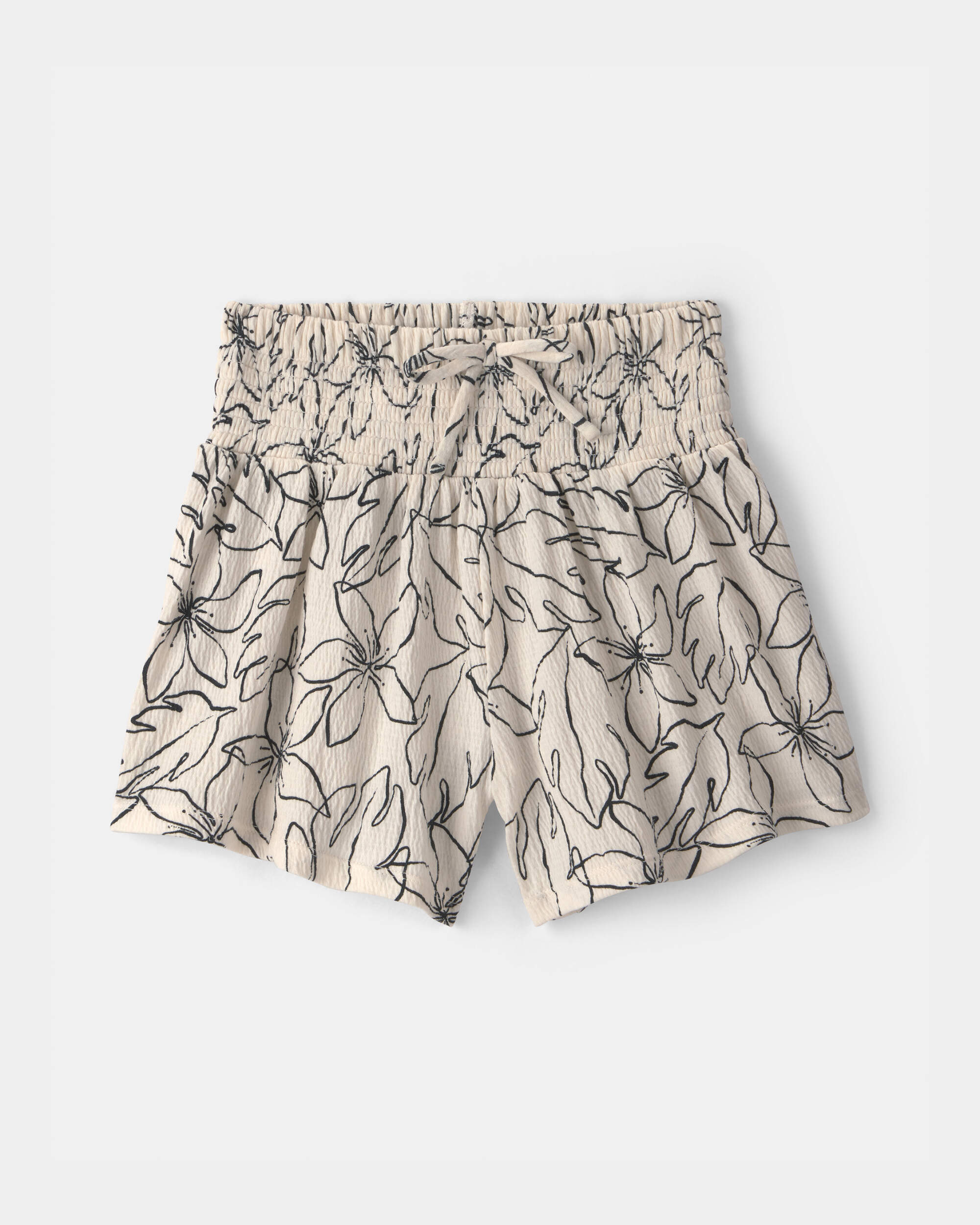 Girls Floral Smocked Crinkle Shorts - Ivory
