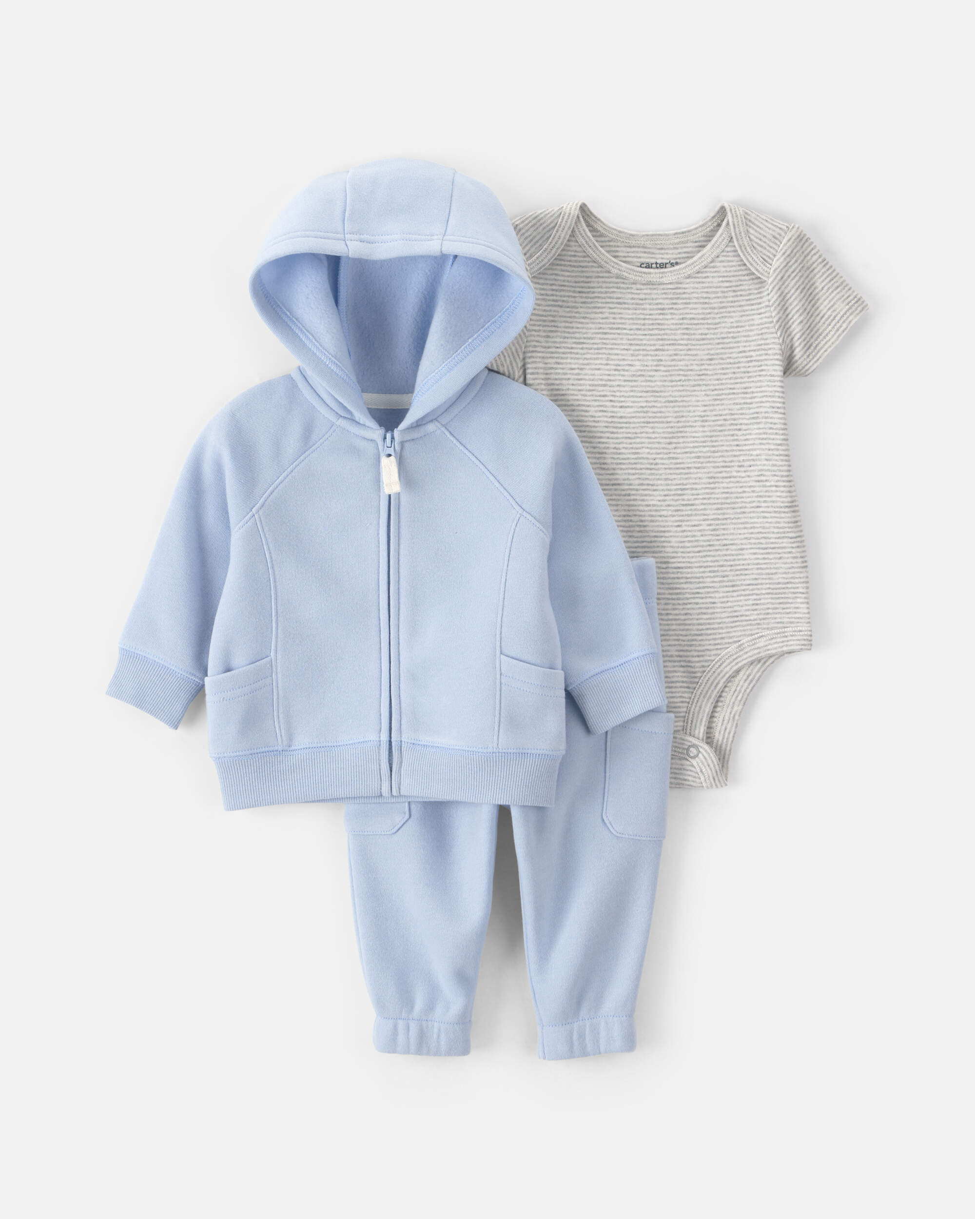 Baby Boy 3-Piece Fleece Striped Layering Set - Blue/Grey