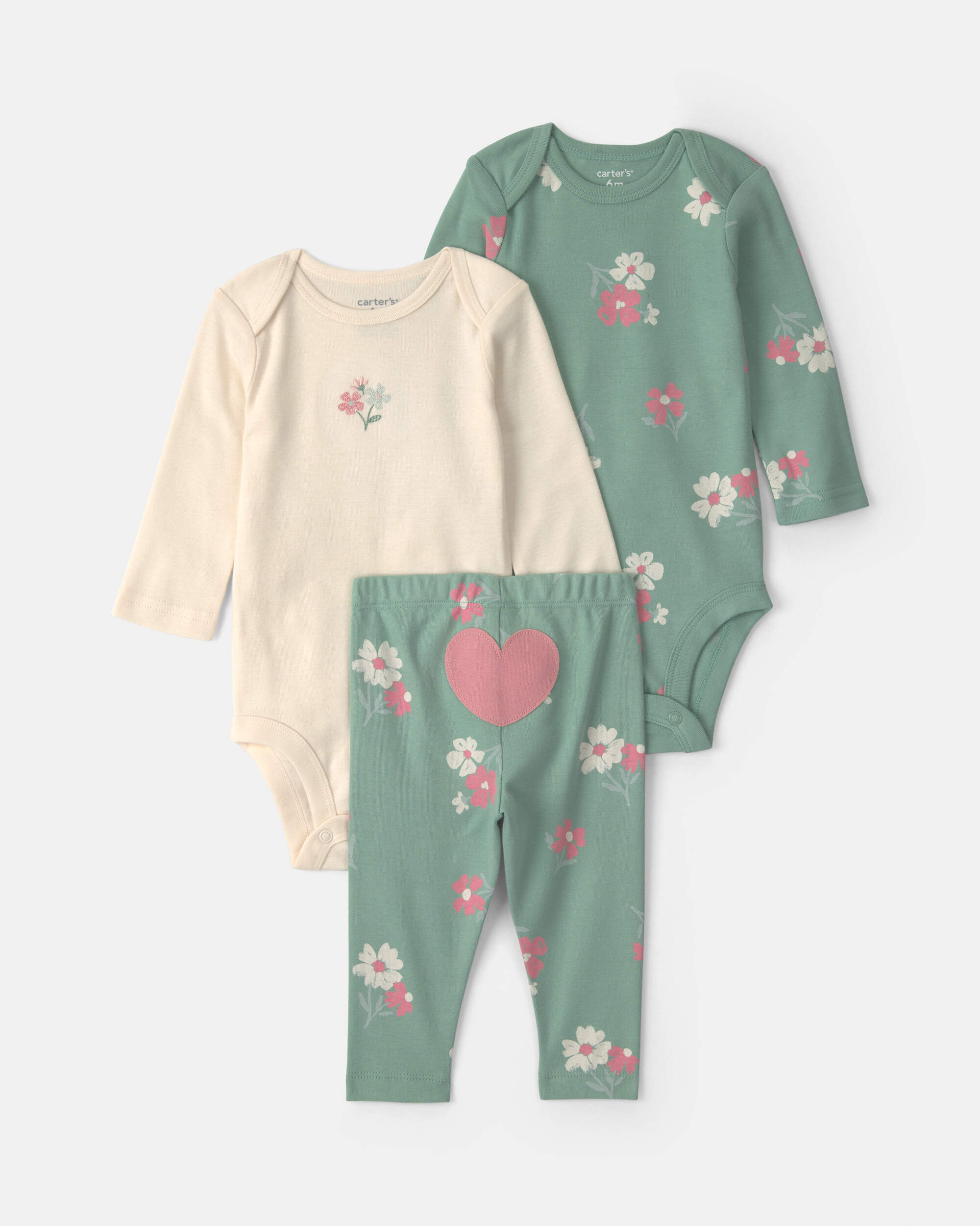 Baby Girl 3-Piece Heart Floral Long-Sleeve Bodysuit & Pant Set - Green/Cream
