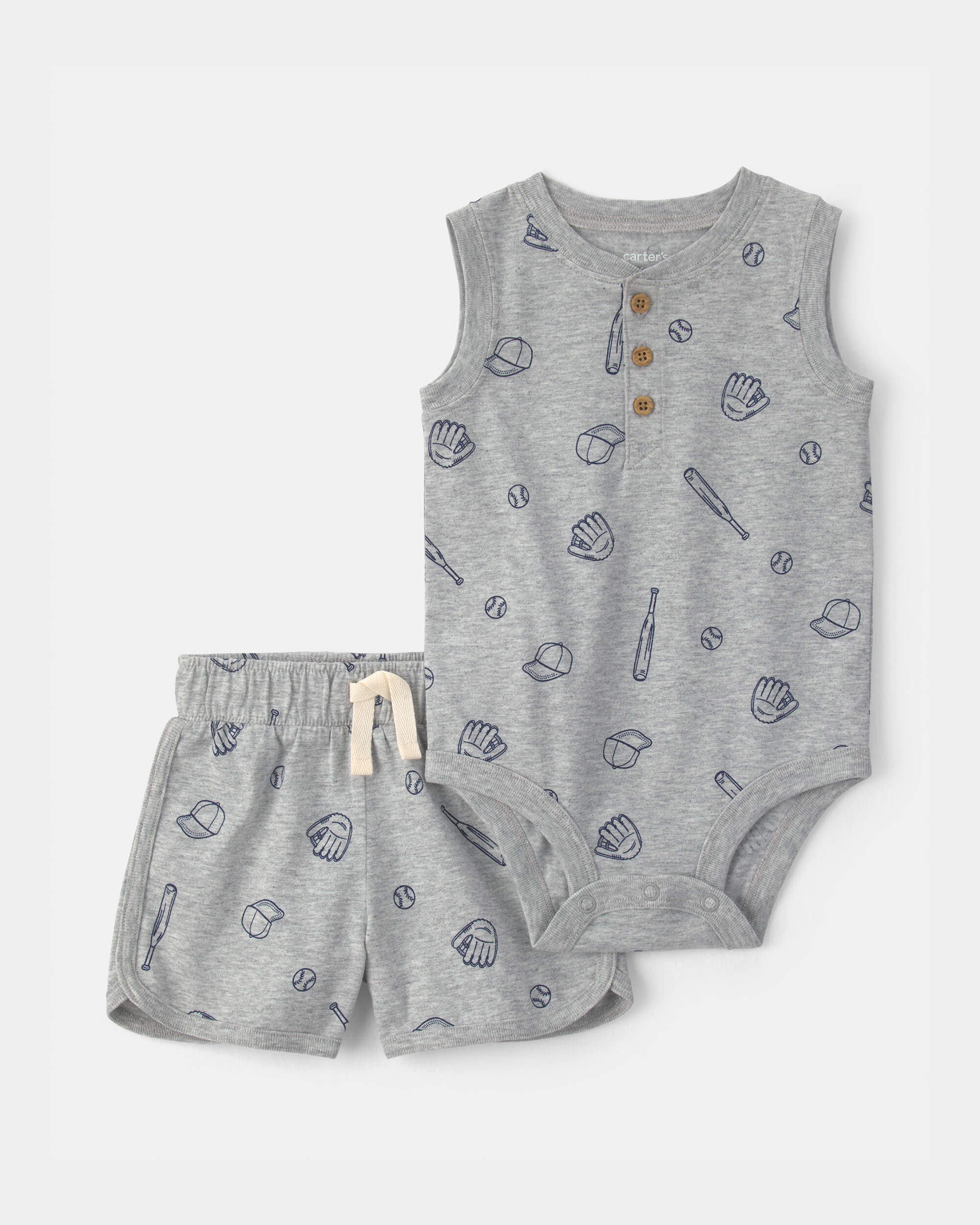 Baby Boy 2-Piece Baseball Sleeveless Bodysuit & Short Set - Grey