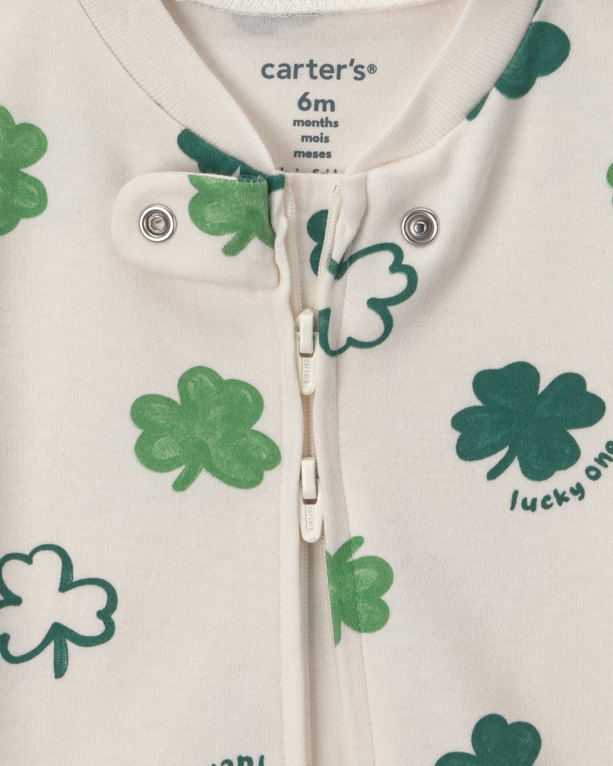 Baby 2-Way Zip St Patrick's Day Cotton Sleepers - Cream/Green