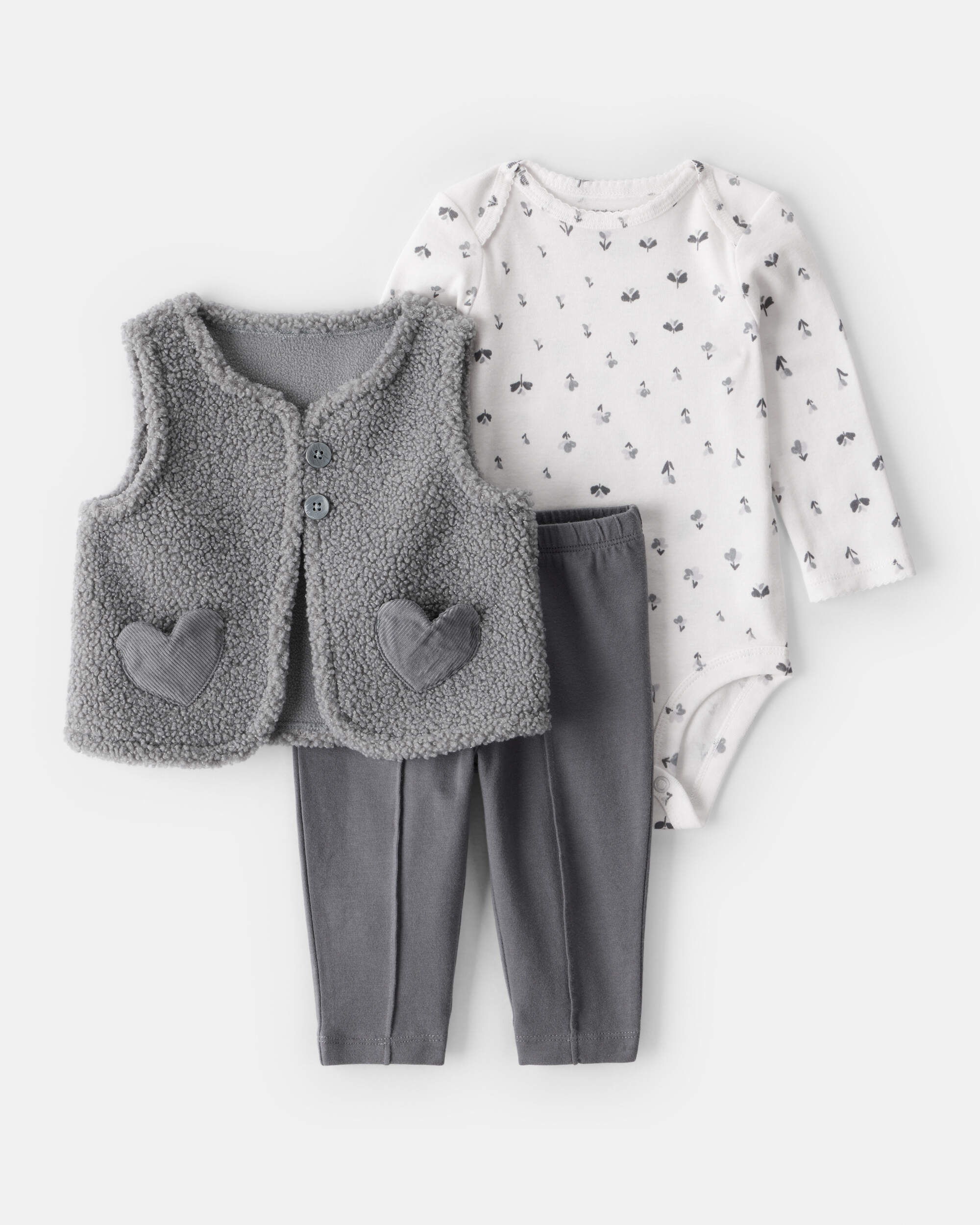 Baby Girl 3-Piece Sherpa Vest Outfit Set - Grey